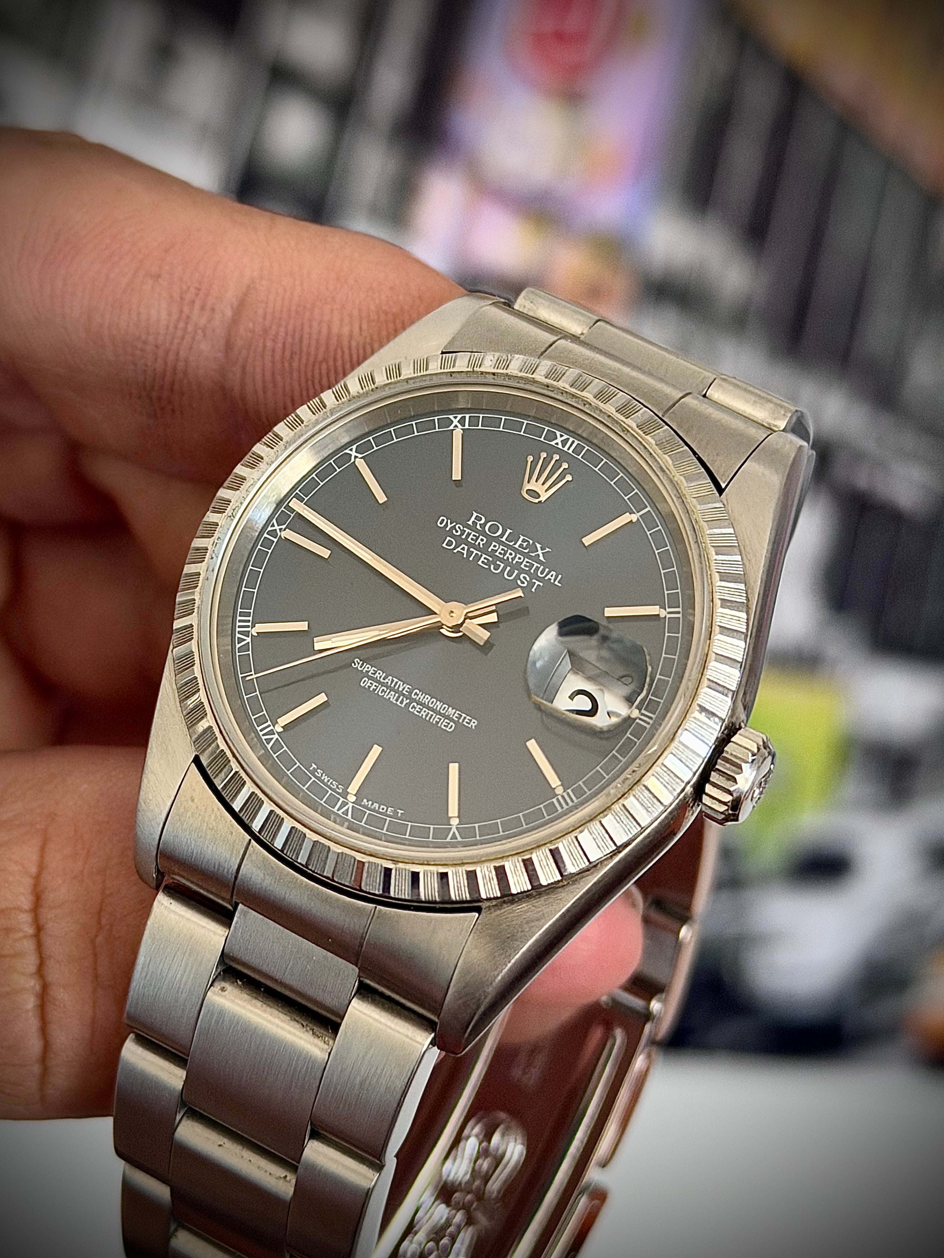 1997 ROLEX DATEJUST 36, 16220, BLUE DIAL, ENGINE-TURNED BEZEL, BOX & PAPERS, INC GST
