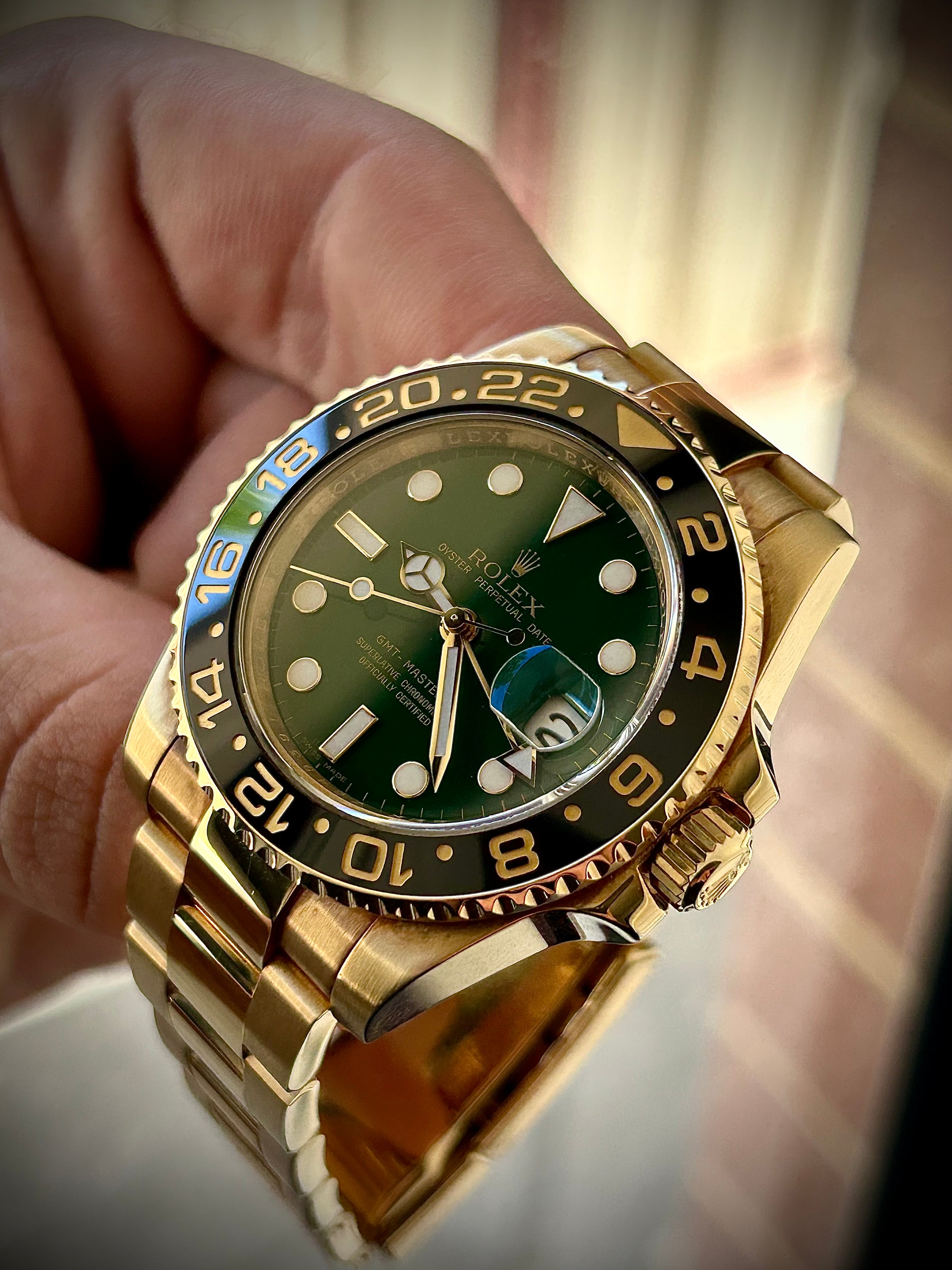 2007 ROLEX GMT MASTER II, GREEN MONEY DIAL RSC SERVICE, 116718LN , FULL COLLECTORS SET, INC GST