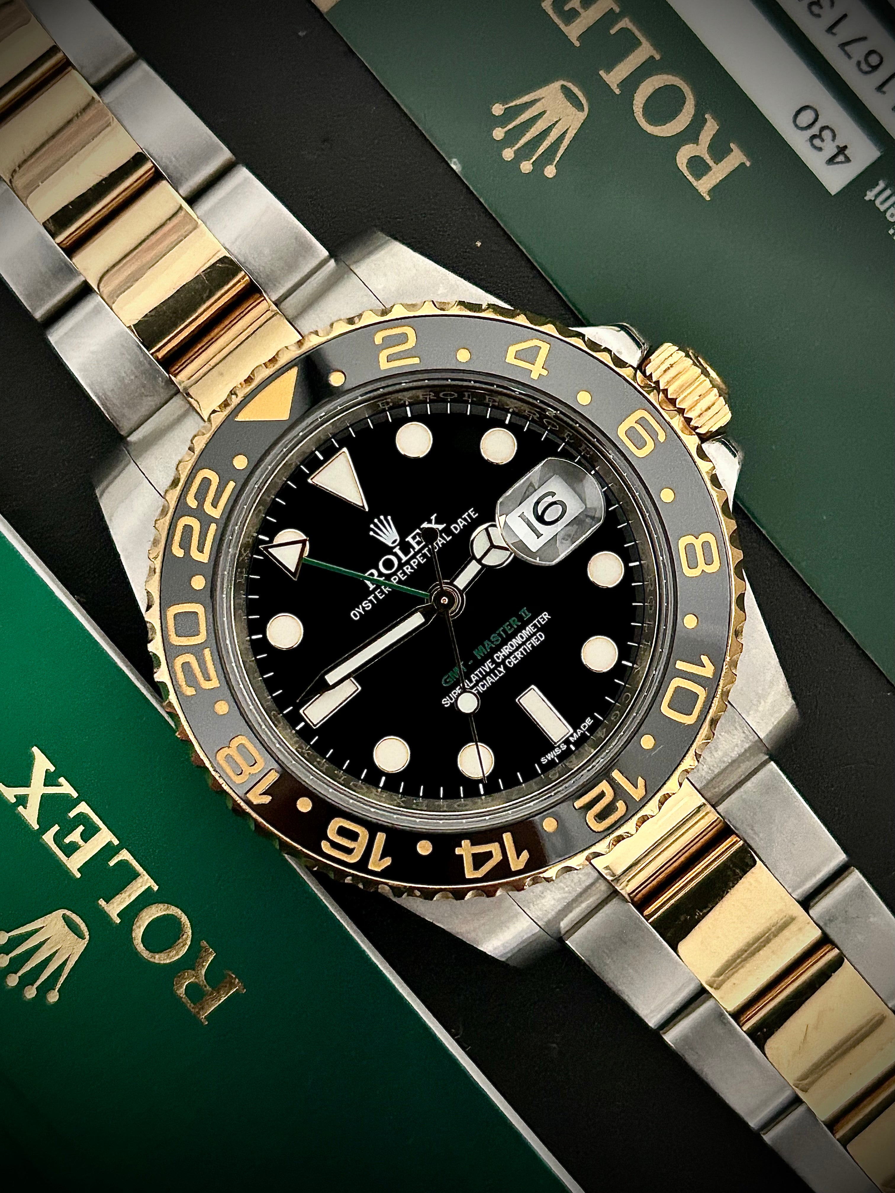 2014 ROLEX GMT MASTER II, RSC SERVICE, TWO TONE, 116713LN, FULL SET, INC GST