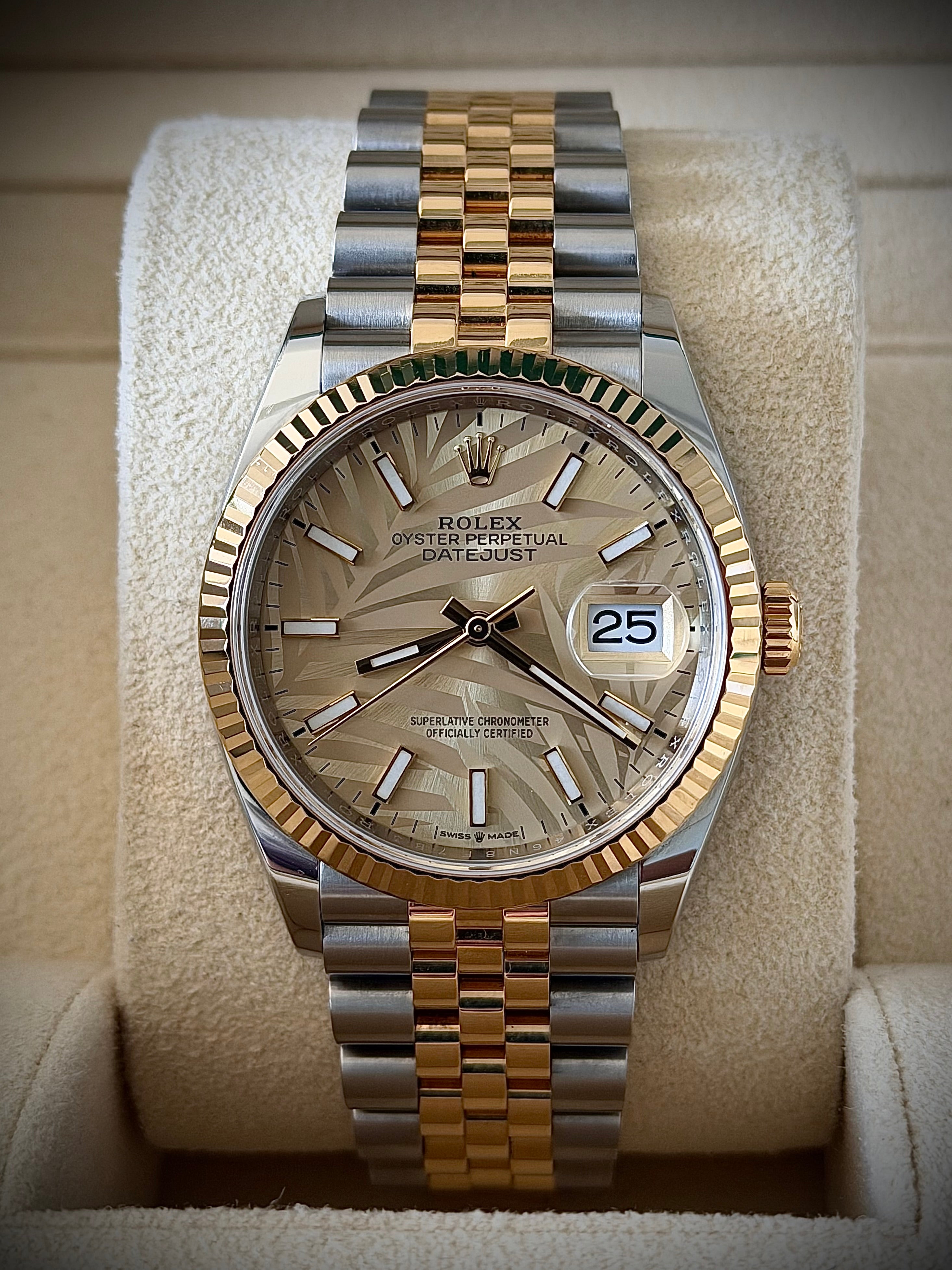 2021 ROLEX DATEJUST 36, PALM MOTIF DIAL, 126233, FULL SET, INC GST