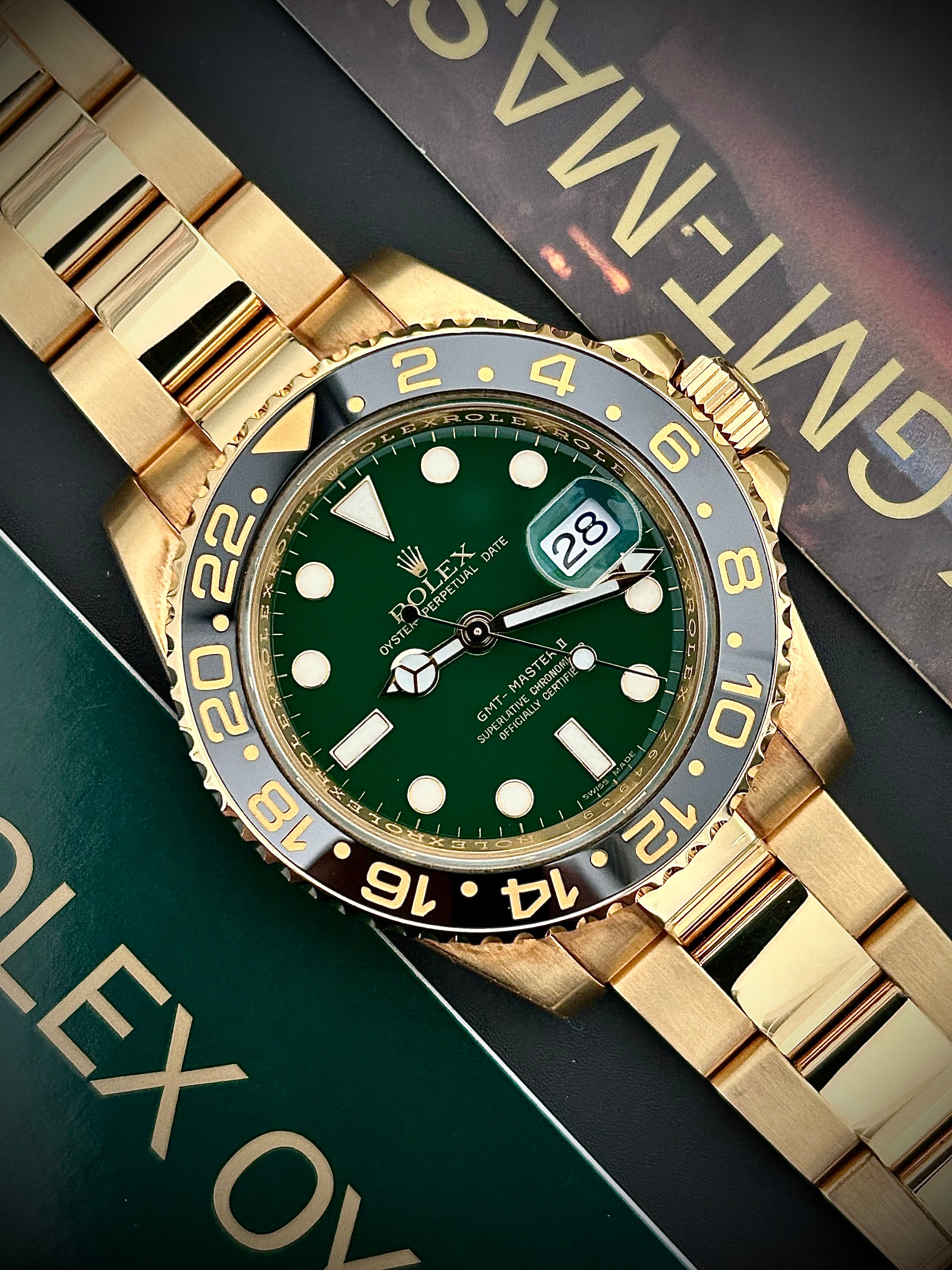 2007 ROLEX GMT MASTER II, GREEN MONEY DIAL RSC SERVICE, 116718LN , FULL COLLECTORS SET, INC GST