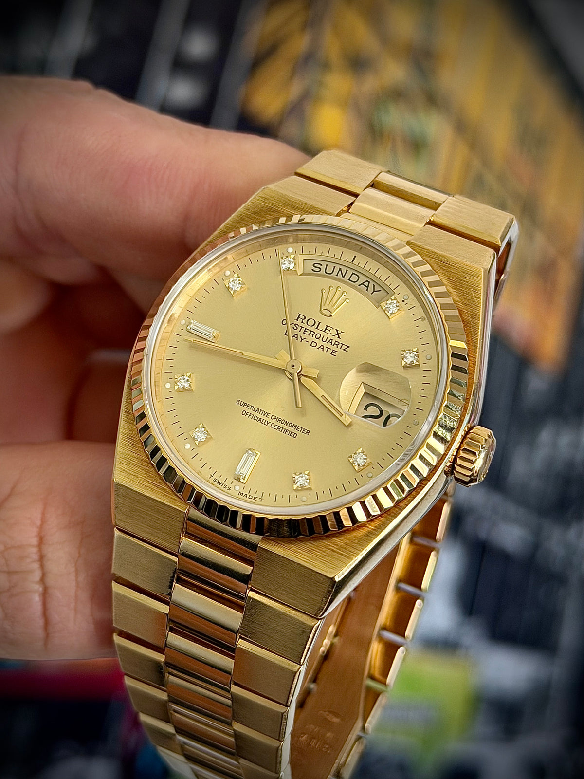 1978 ROLEX OYSTERQUARTZ DAY-DATE 36, 19018, CHAMPAGNE DIAMOND DIAL, 18CT YELLOW GOLD, WATCH ONLY, INC GST