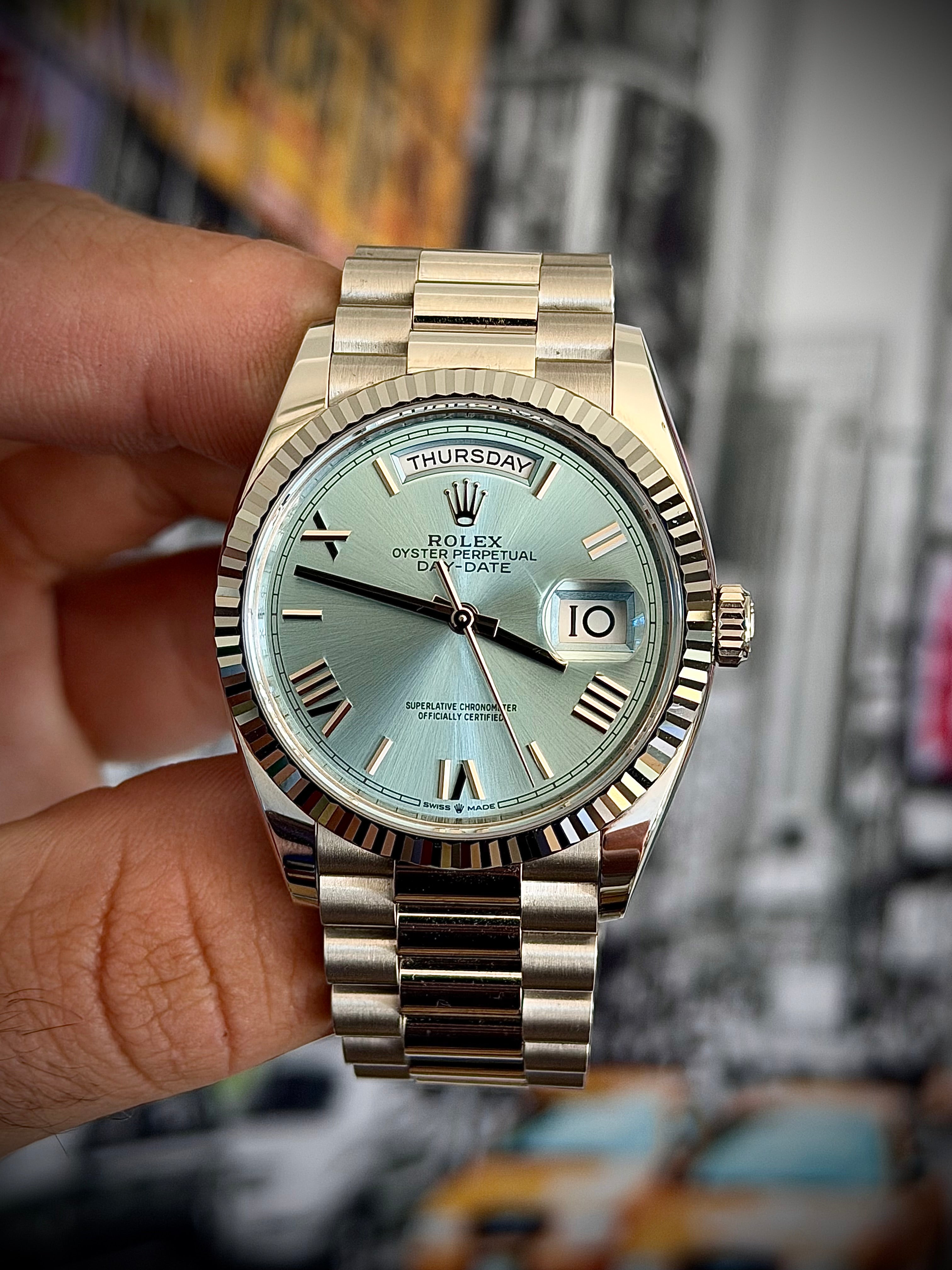 2025 ROLEX DAY-DATE 36 PLATINUM, ICE BLUE ROMAN DIAL, 128236, FULL SET, INC GST