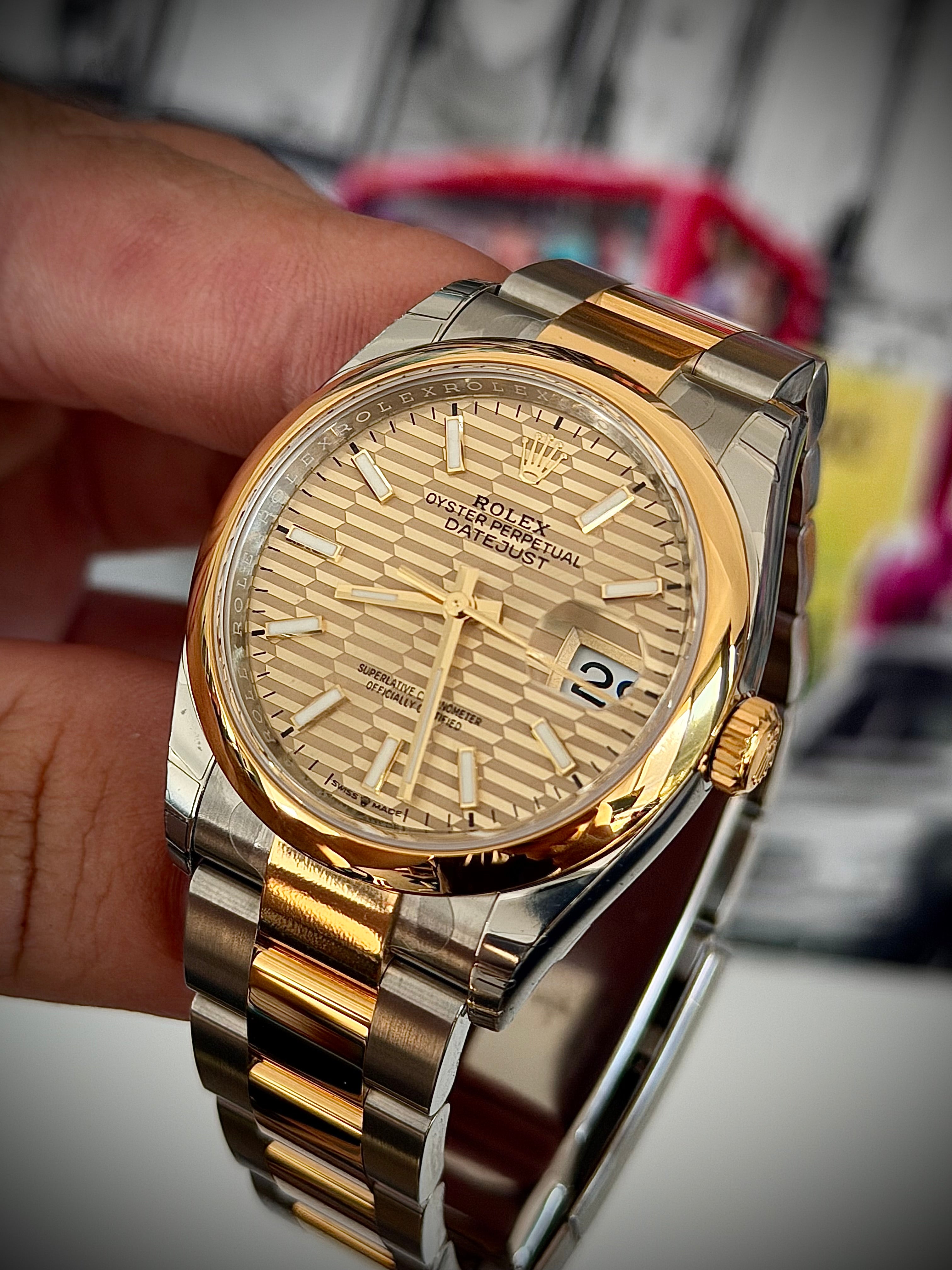 2022 ROLEX DATEJUST 36 TWO TONE, BRAND NEW FACTORY STICKERED, CHAMPAGNE MOTIF DIAL, 126203, FULL SET, INC GST