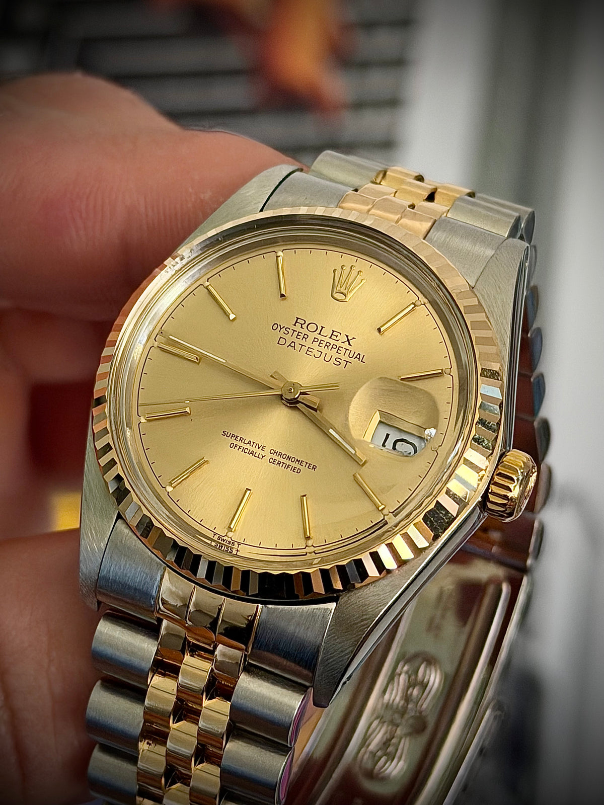 1987 ROLEX DATEJUST 36, 16013, CHAMPAGNE DIAL, FLUTED BEZEL, JUBILEE BRACELET, WATCH ONLY, INC GST