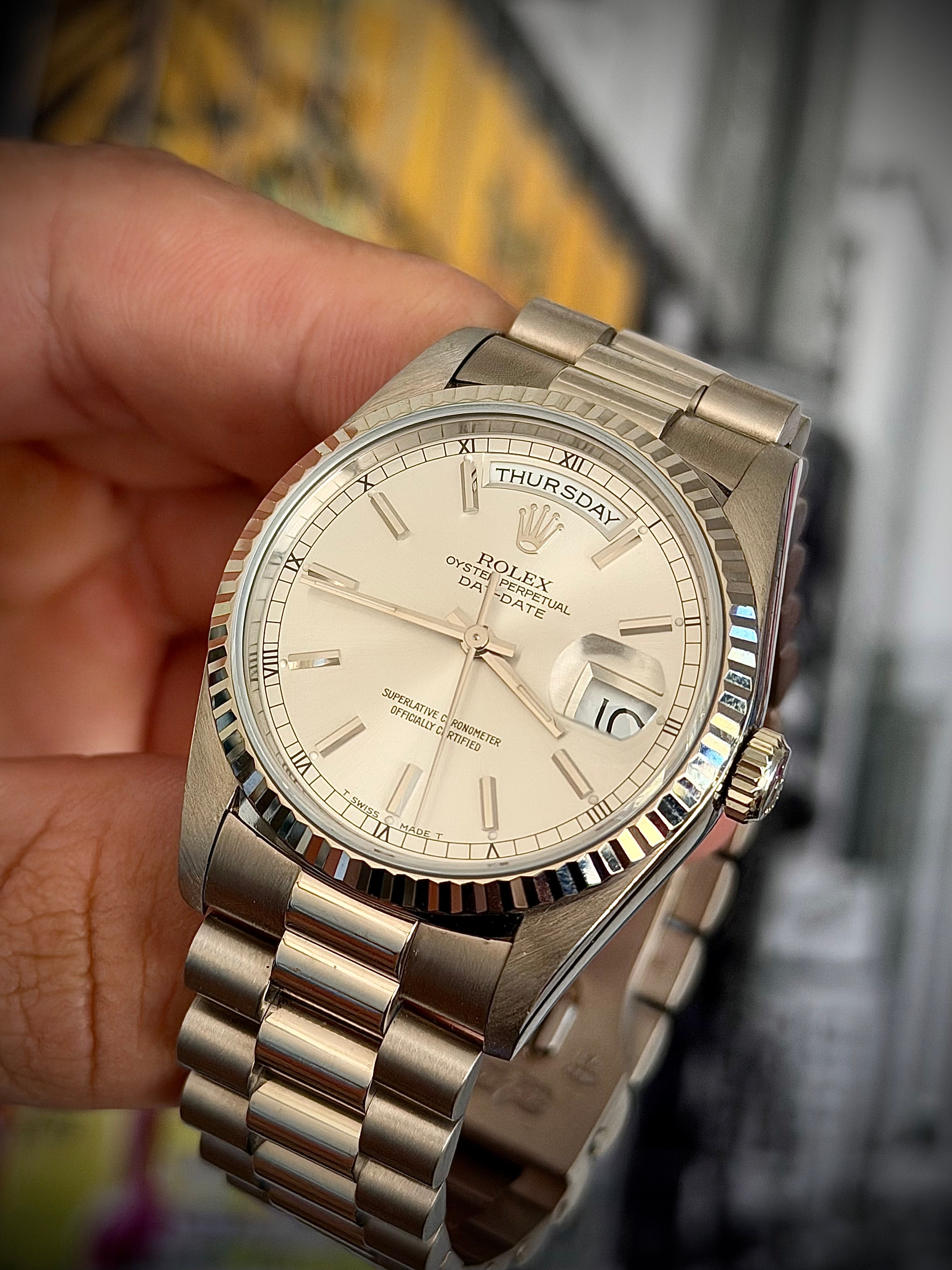 1994 ROLEX DAY-DATE 36, WHITE GOLD, 18239, BOX AND PAPERS, WITH RSC, INC GST