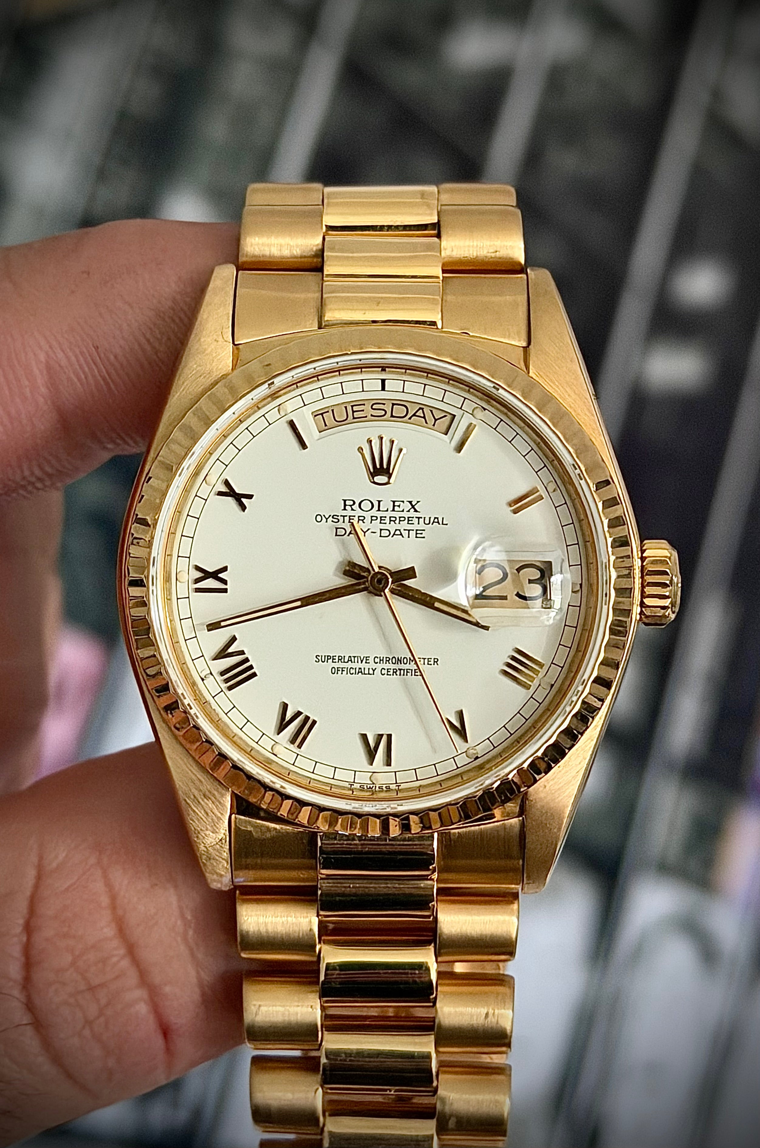 1987 ROLEX DAY DATE 36, 18038, WHITE ROMAN DIAL, FULL SET, INC GST