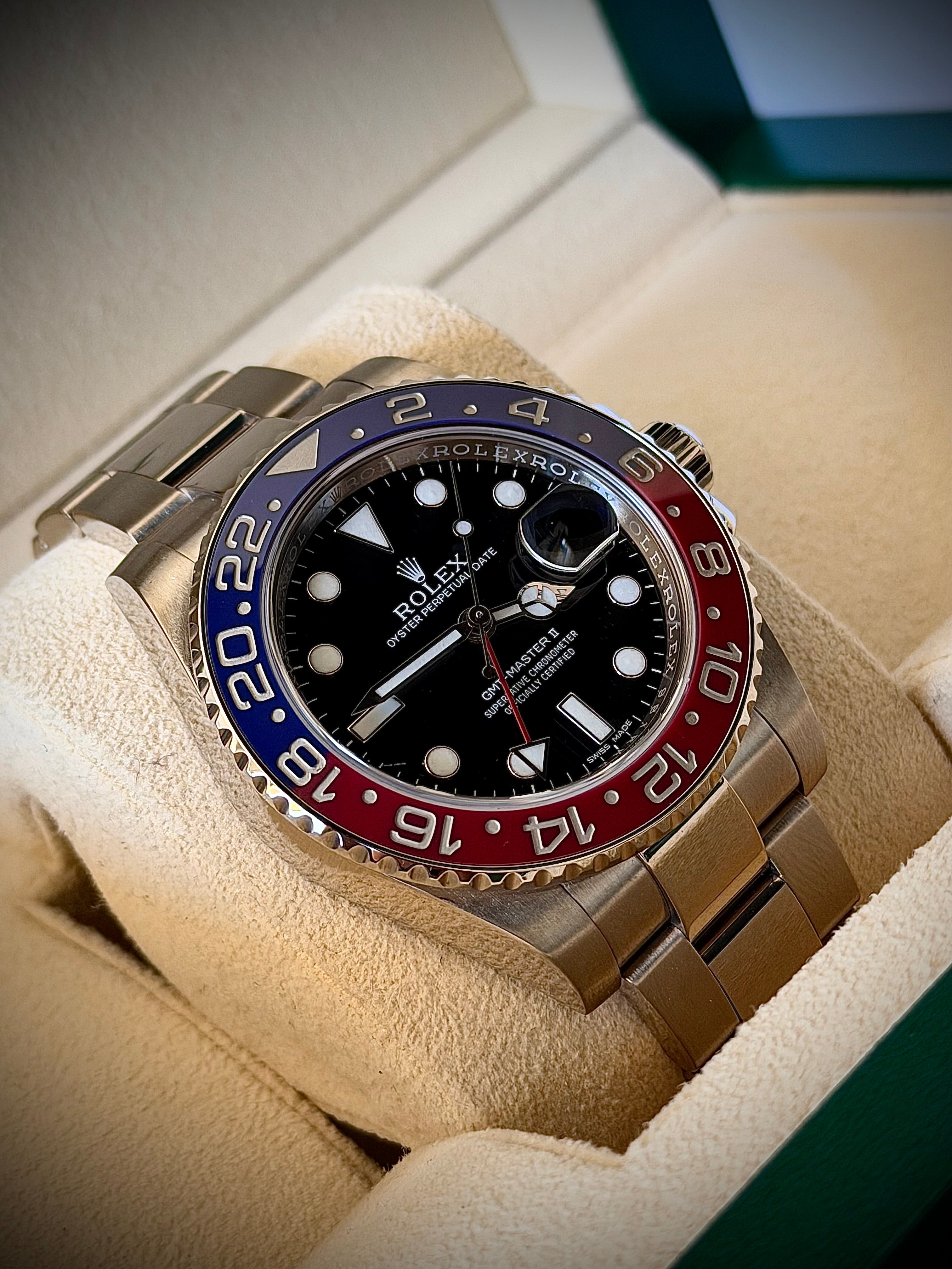 2017 ROLEX GMT MASTER II, PEPSI, WHITE GOLD, BLACK DIAL, 116719BLRO, FULL SET, INC GST
