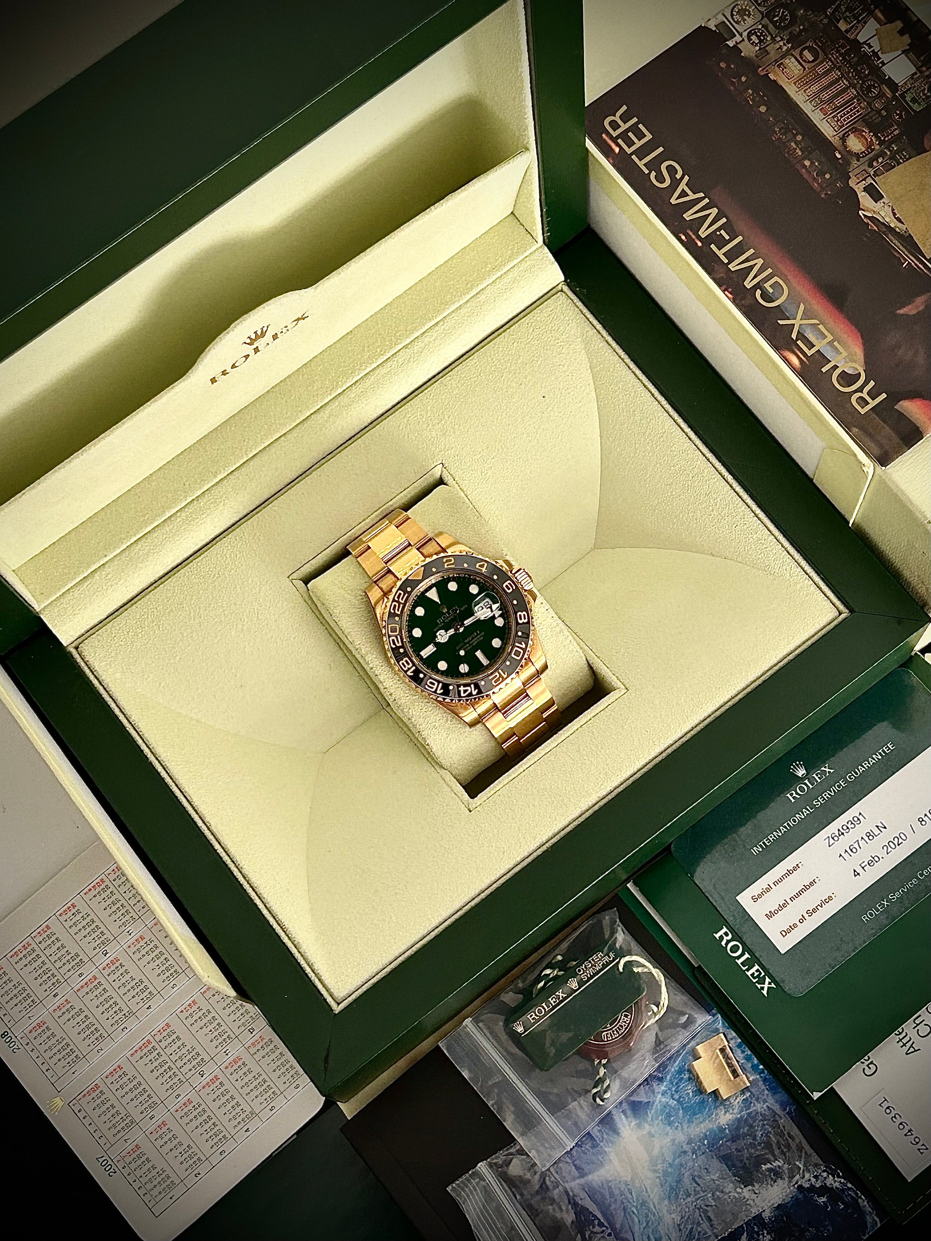 2007 ROLEX GMT MASTER II, GREEN MONEY DIAL RSC SERVICE, 116718LN , FULL COLLECTORS SET, INC GST