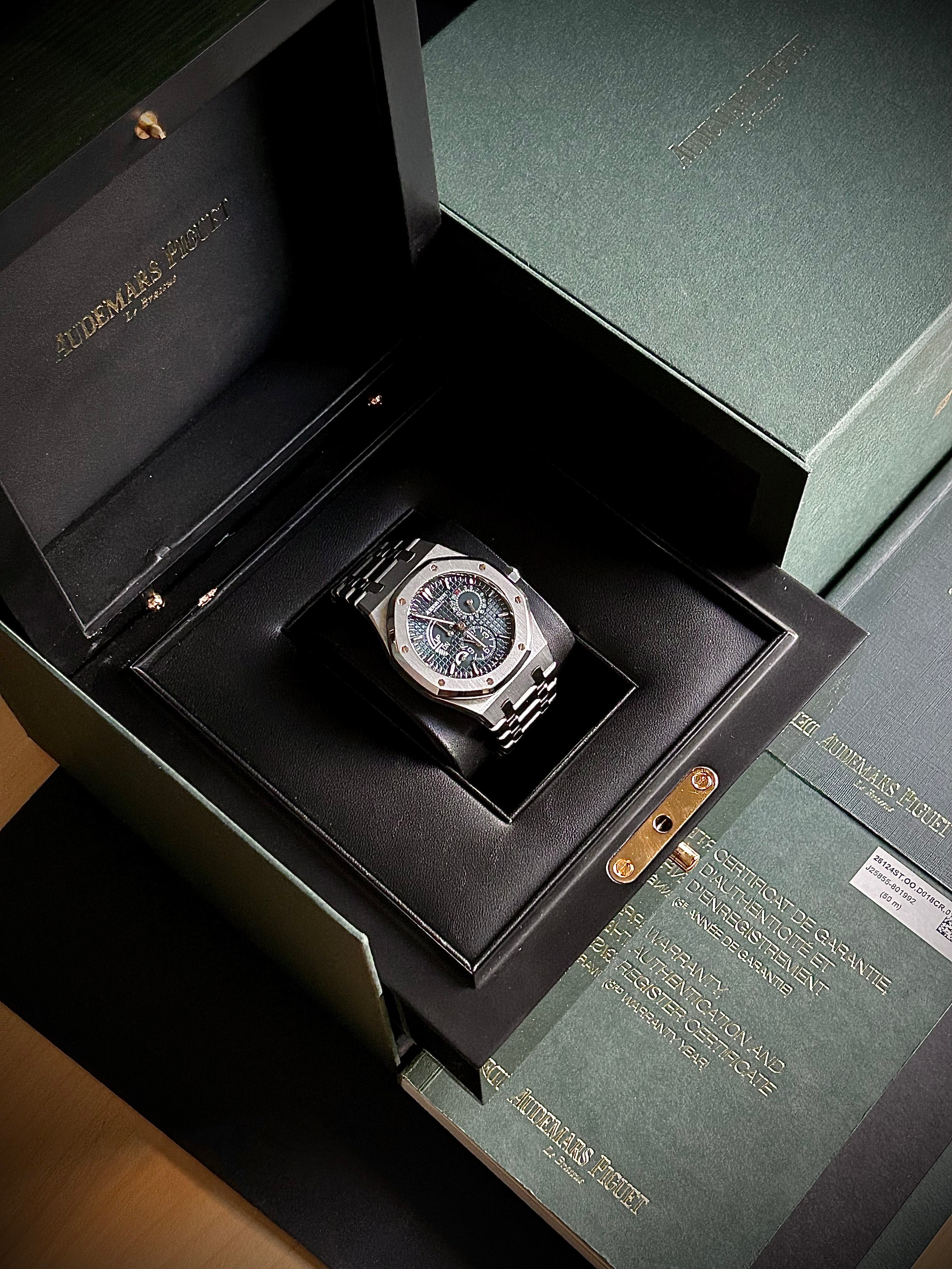 2017 AUDEMARS PIGUET ROYAL OAK DUAL TIME, BLUE DIAL, 26120ST, FULL SET, INC GST