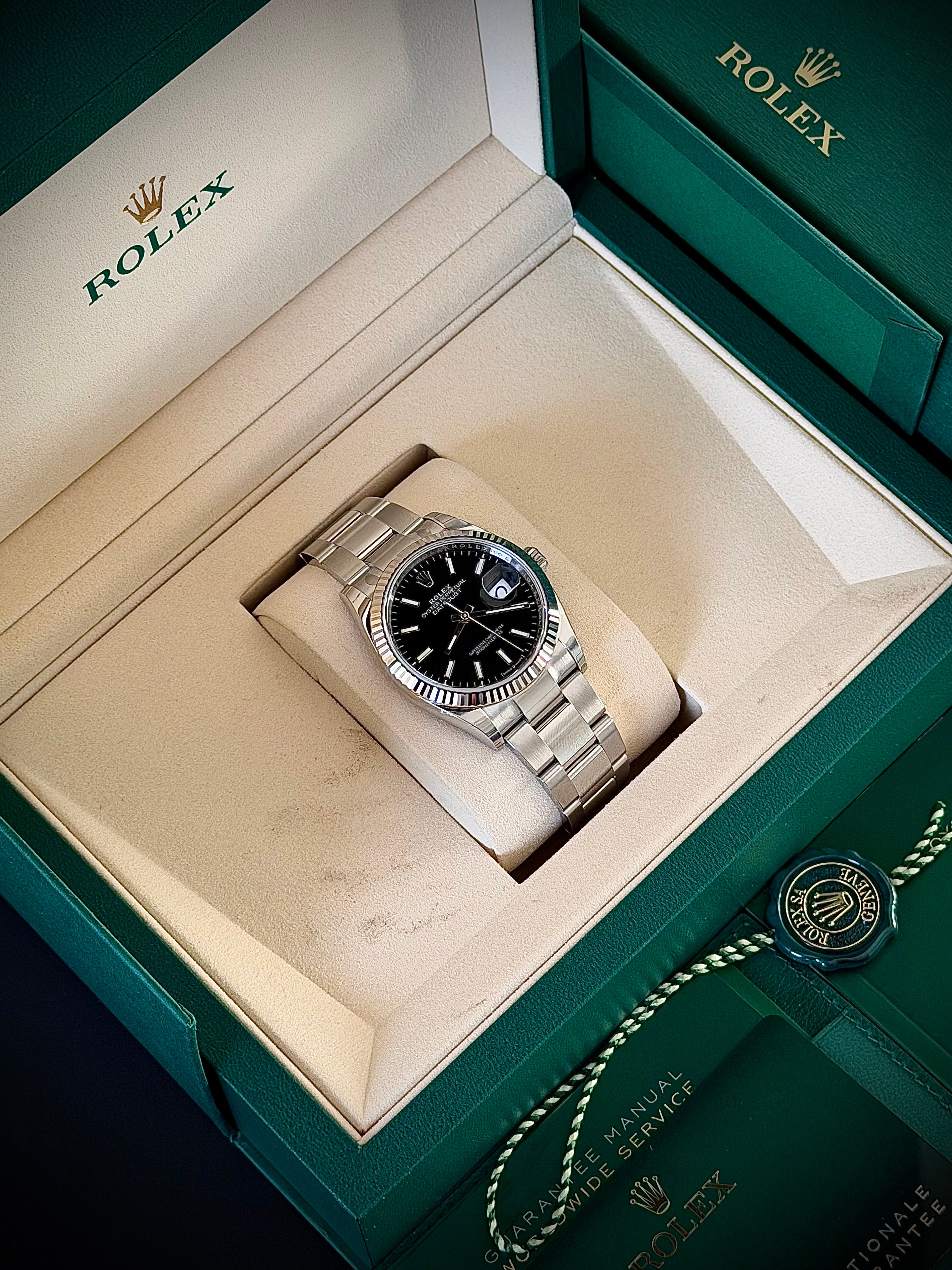 2025 ROLEX DATEJUST 36, 126234, BLACK DIAL, OYSTER BRACELET, BRAND NEW FULLY STICKERED, FULL SET, INC GST