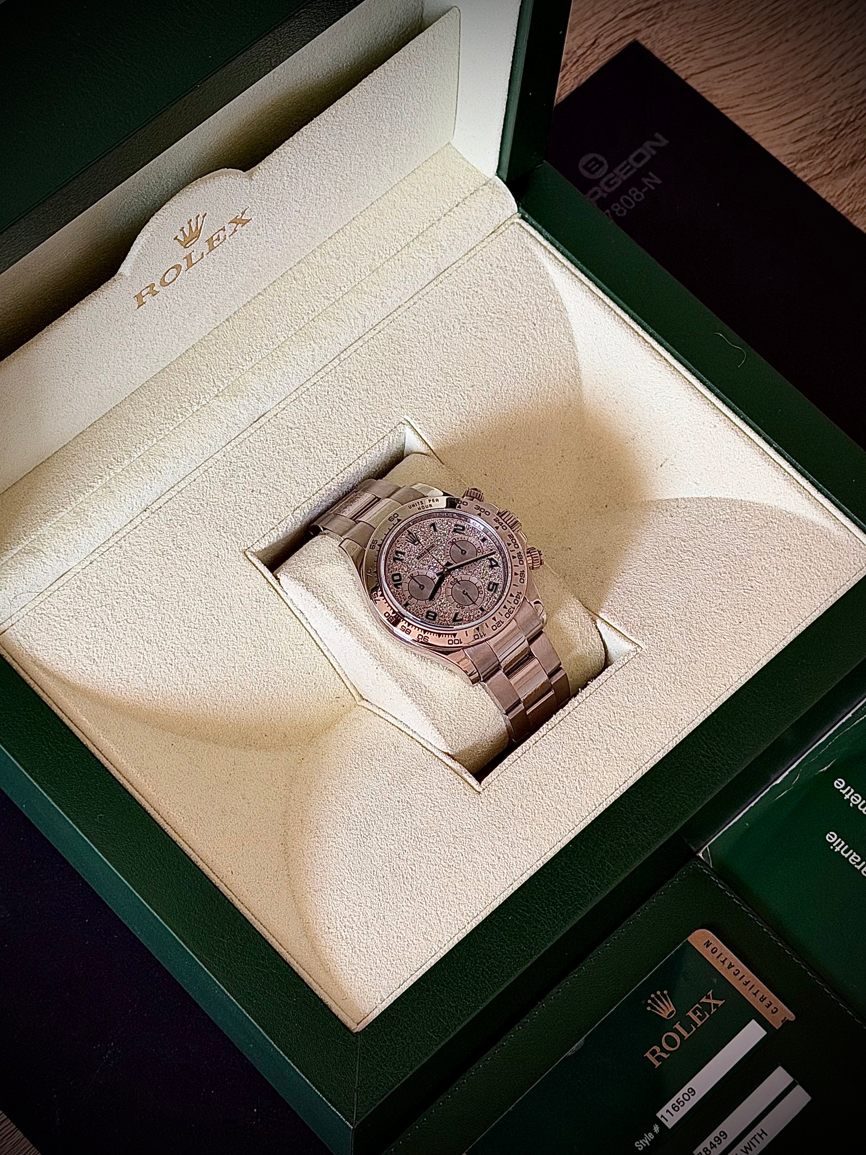 2008 ROLEX DAYTONA 18CT WHITE GOLD, 116509, FACTORY DIAMOND PAVÉ ARABIC DIAL, FULL SET, INC GST