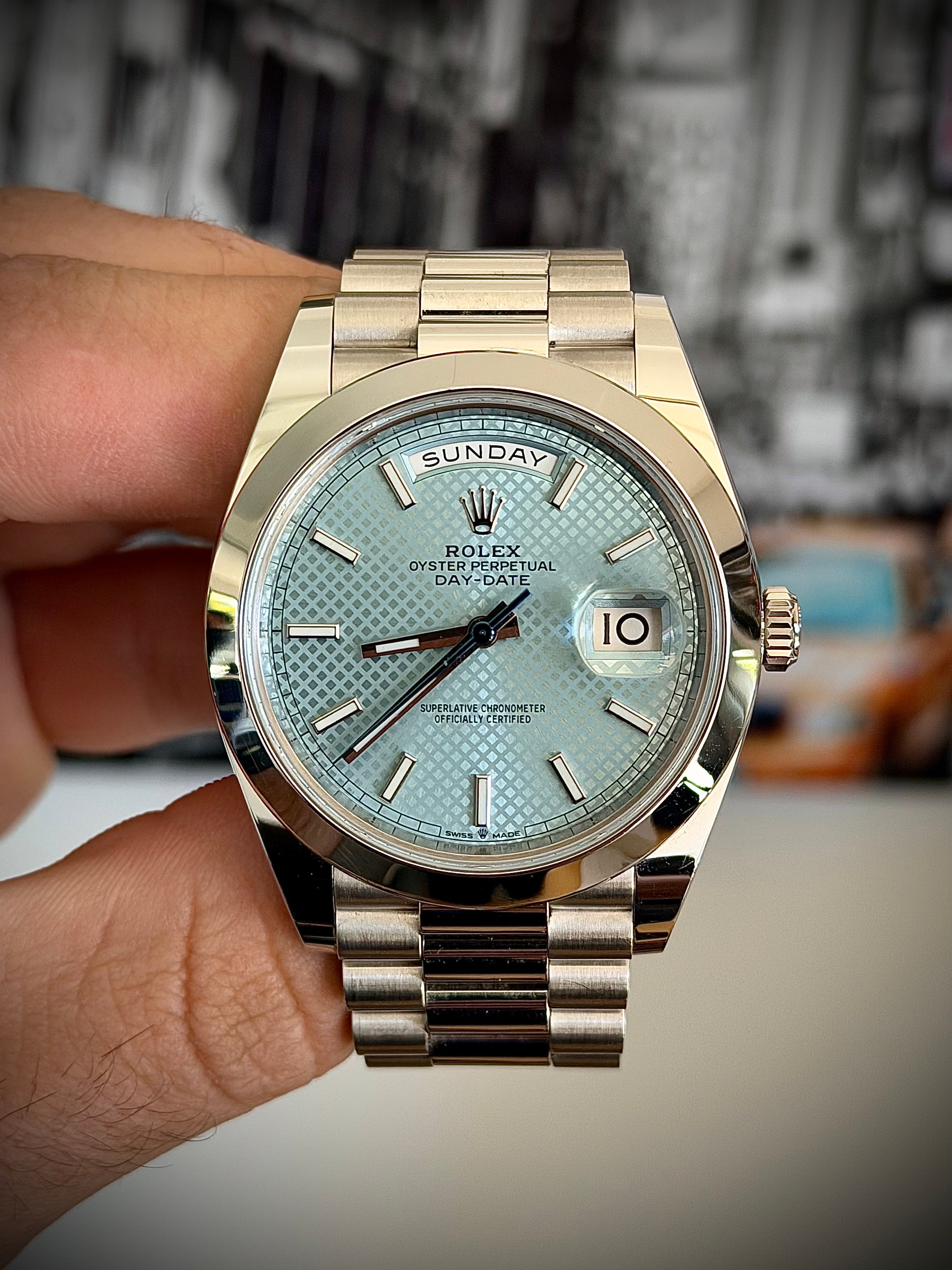2021 ROLEX DAY DATE 40, 228206, ICE BLUE MOTIF DIAL, FULL SET, INC GST
