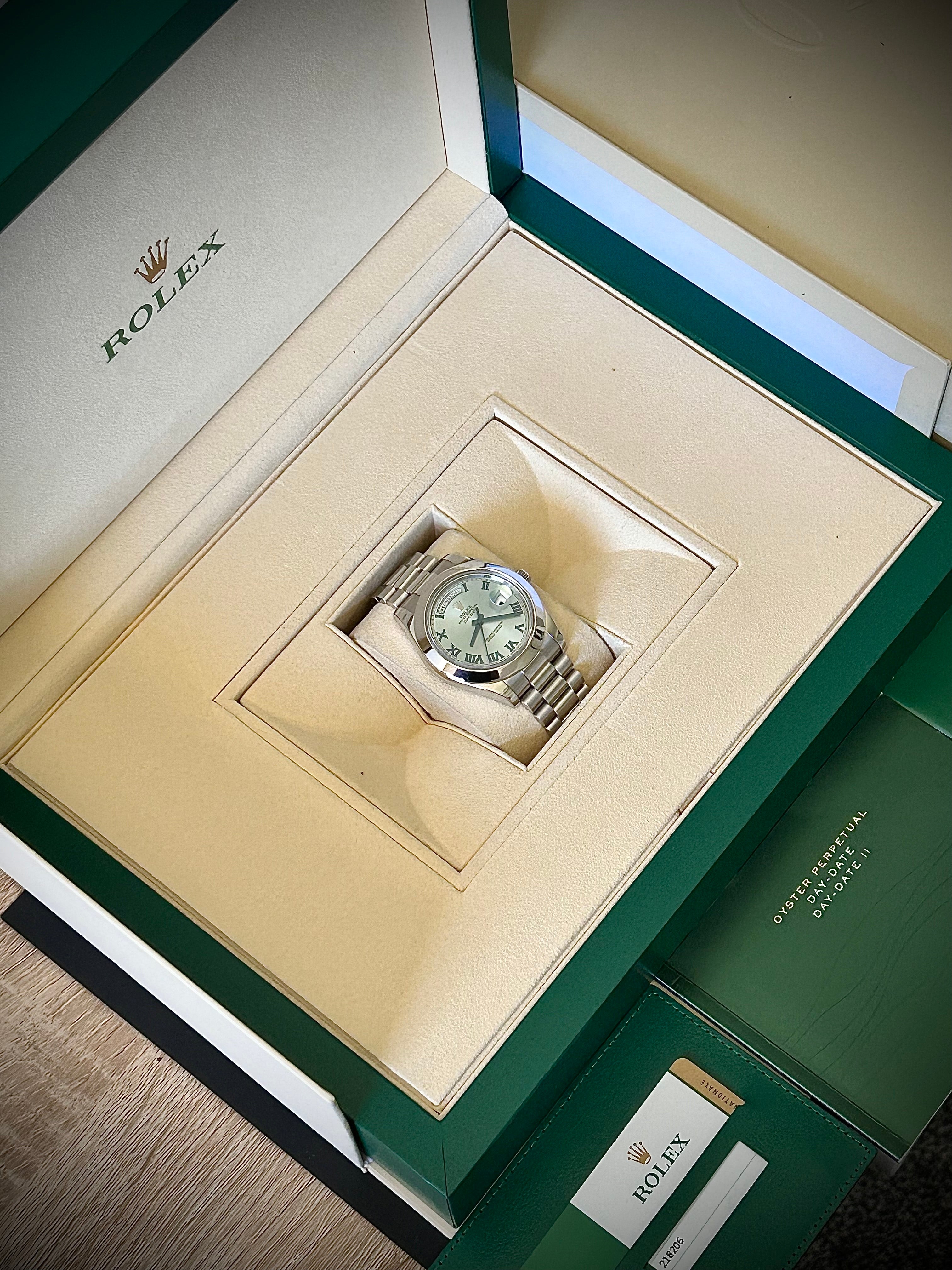 2014 ROLEX DAY-DATE II PLATINUM, 218206, FULL SET, INC GST