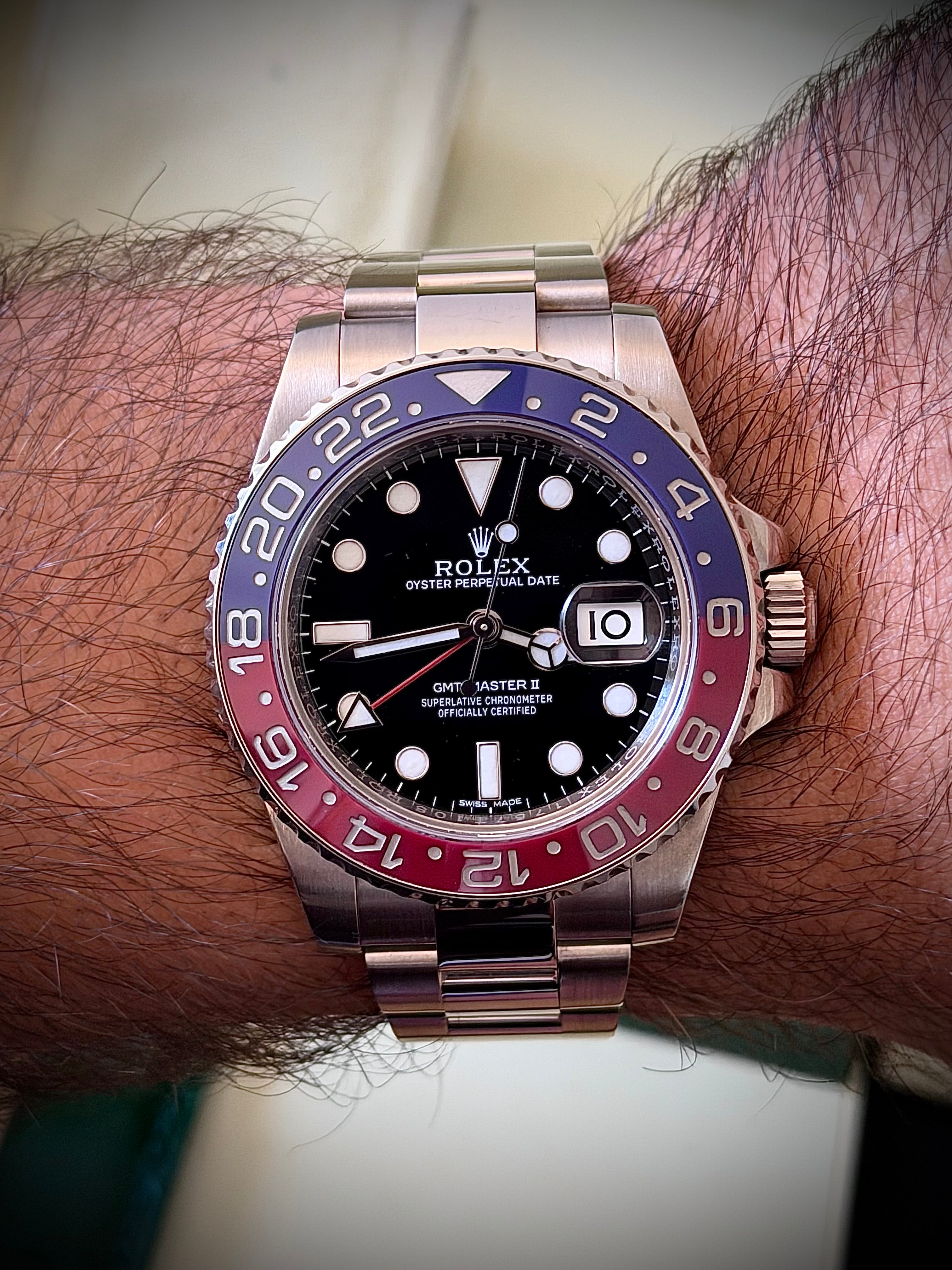 2015 ROLEX GMT MASTER II, PEPSI, WHITE GOLD, BLACK DIAL, 116719BLRO, BOX AND PAPERS, INC GST