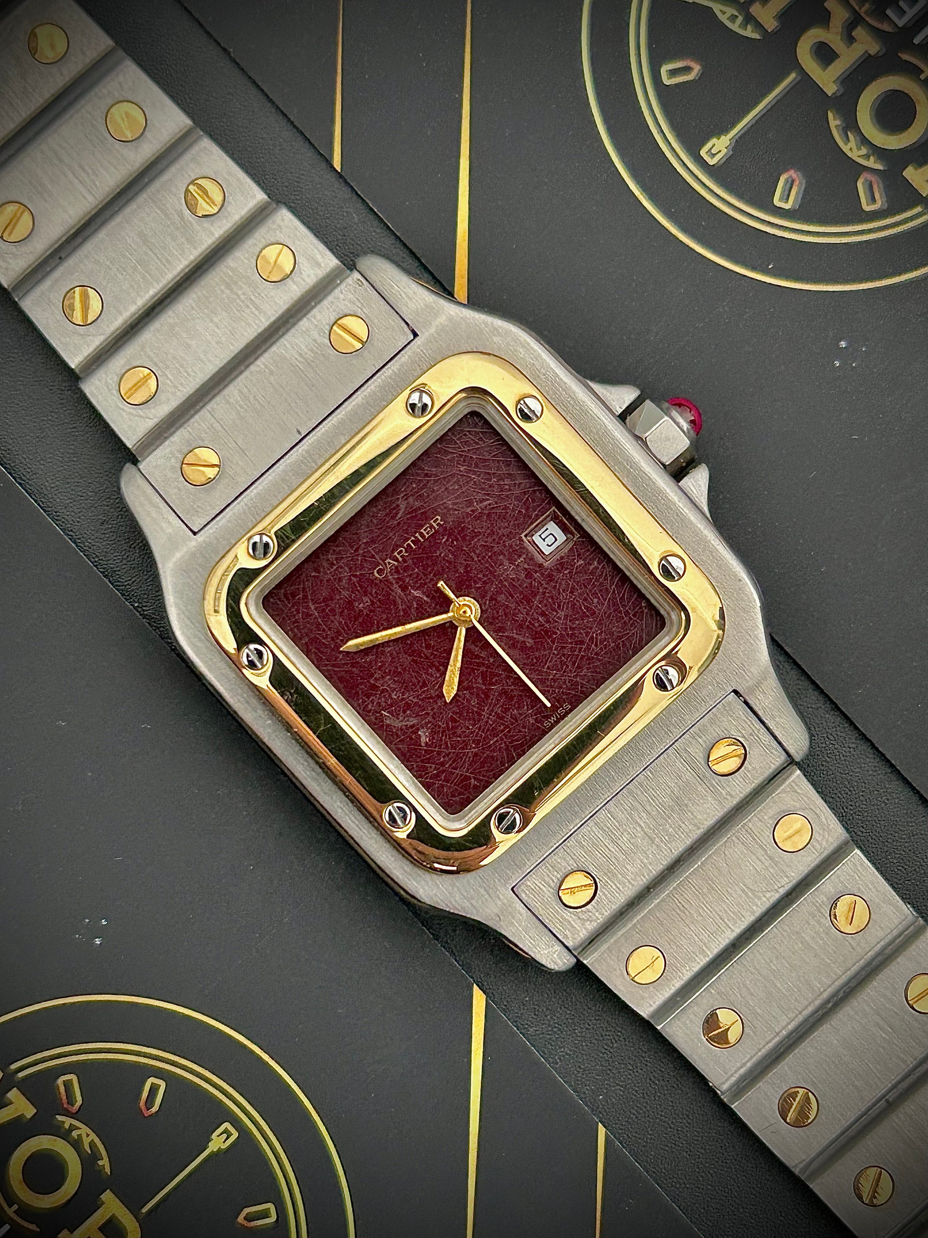 1982 CARTIER SANTOS CAREÉ, 2961, BURGUNDY SPIDER DIAL, WATCH AND BOX,  INC GST