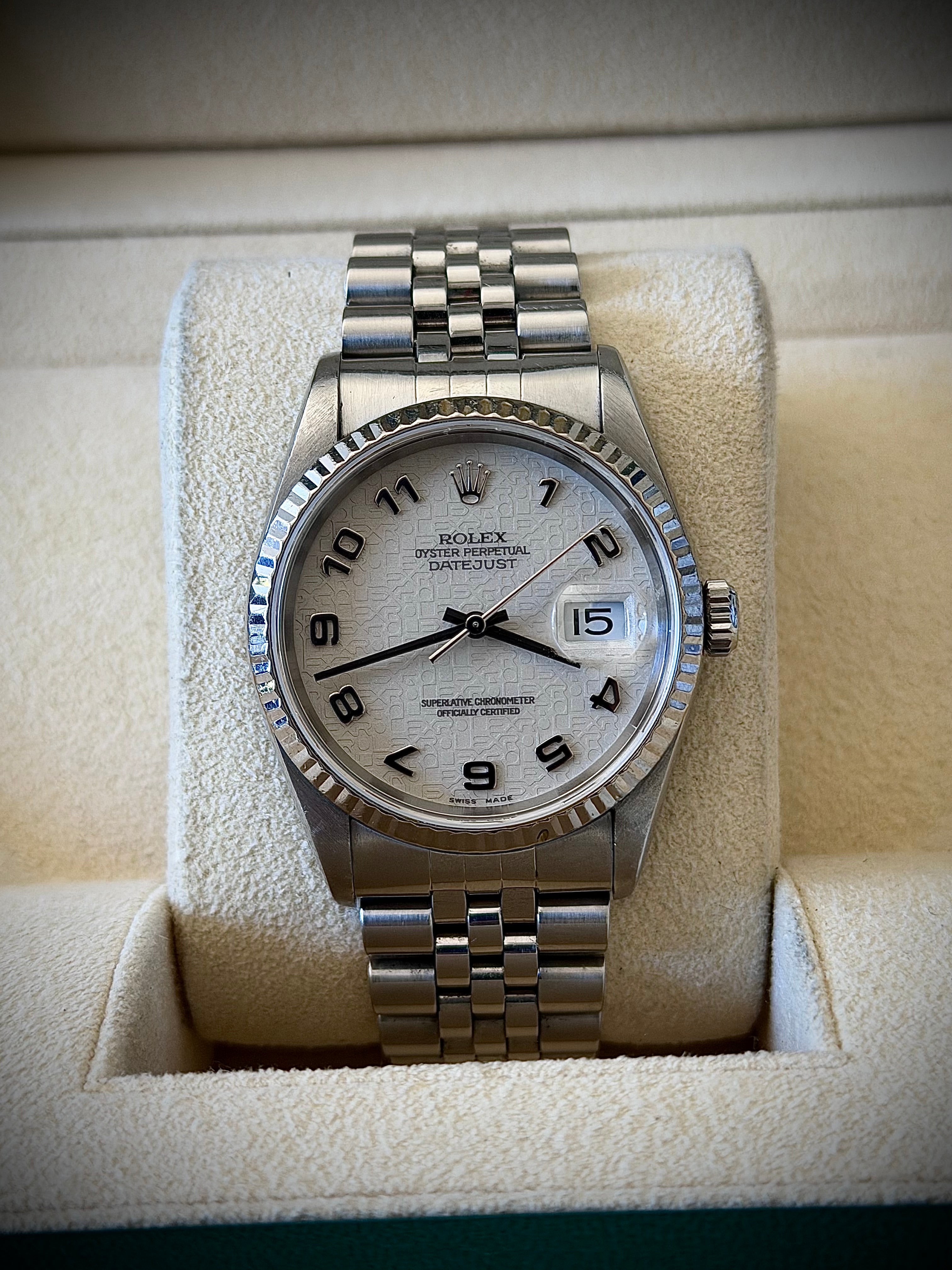 2001 ROLEX DATEJUST 36, 16234, WHITE COMPUTER DIAL, BOX AND PAPERS, INC GST