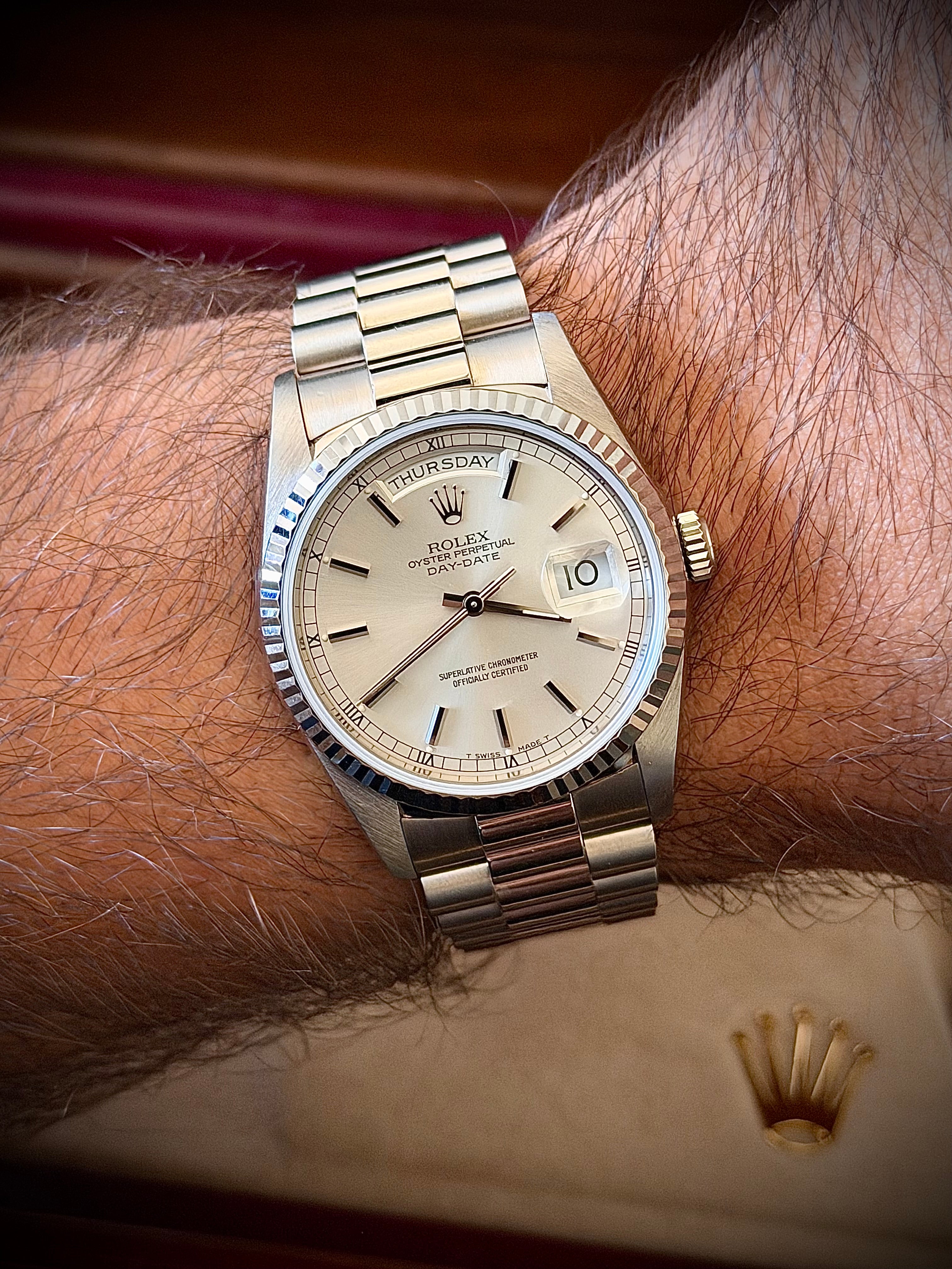 1994 ROLEX DAY-DATE 36, WHITE GOLD, 18239, BOX AND PAPERS, WITH RSC, INC GST