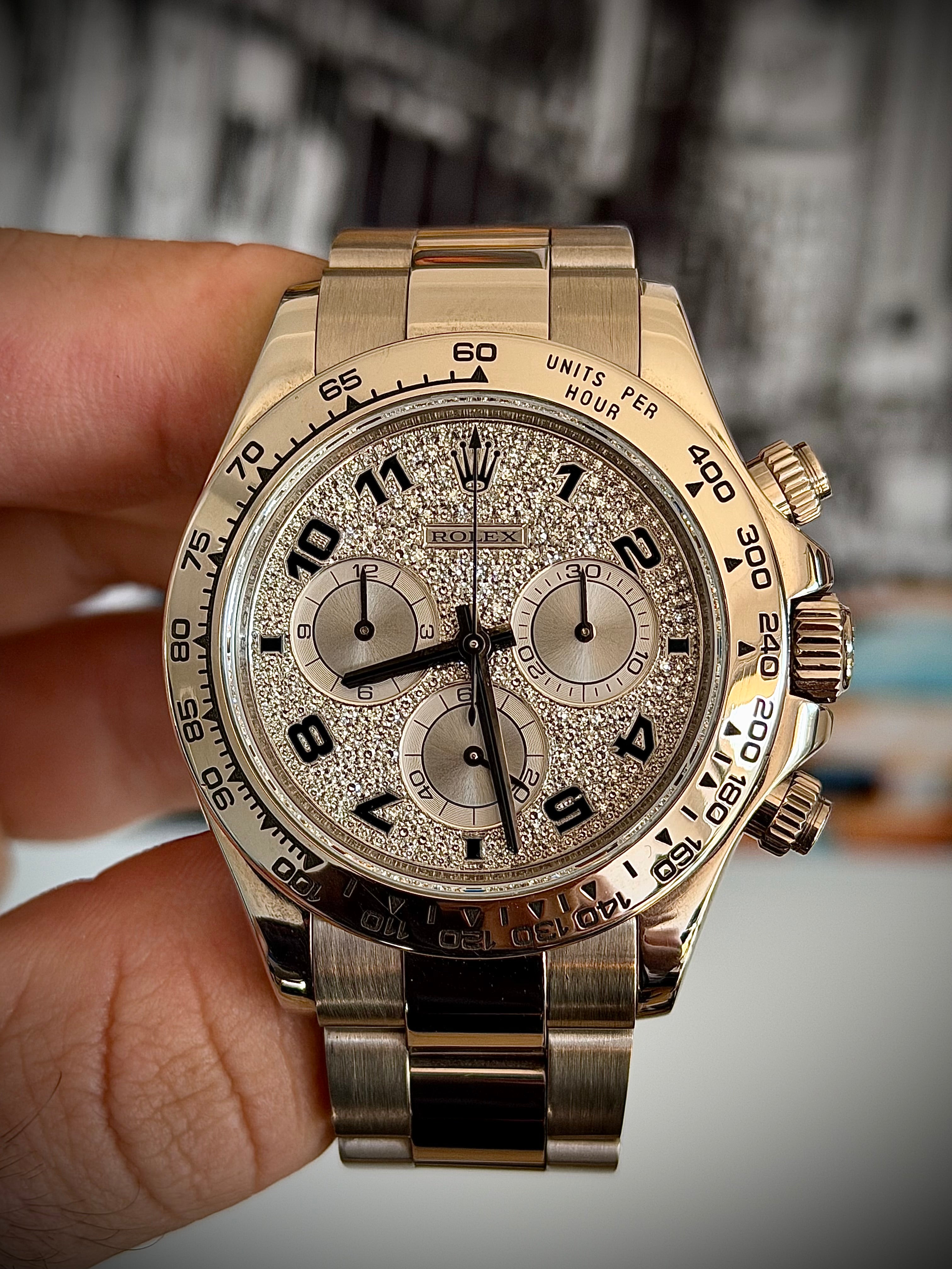 2008 ROLEX DAYTONA 18CT WHITE GOLD, 116509, FACTORY DIAMOND PAVÉ ARABIC DIAL, FULL SET, INC GST