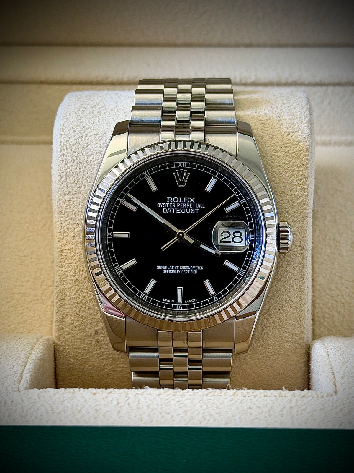2009 ROLEX DATEJUST 36, 116234, FLUTED BEZEL, SUPER JUBILEE BRACELET, ROULETTE DATE WHEEL, WATCH ONLY, INC GST