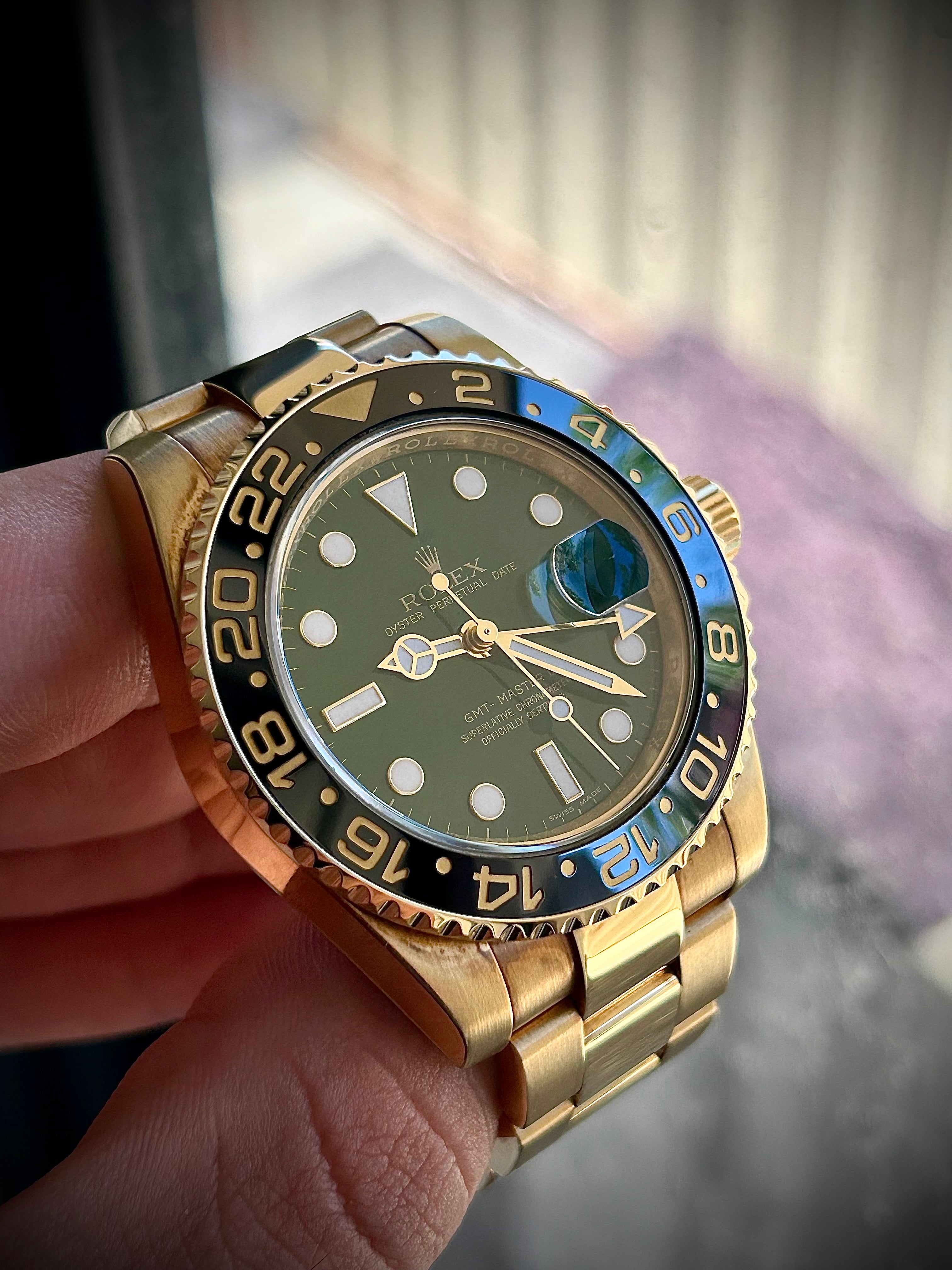 2007 ROLEX GMT MASTER II, GREEN MONEY DIAL RSC SERVICE, 116718LN , FULL COLLECTORS SET, INC GST