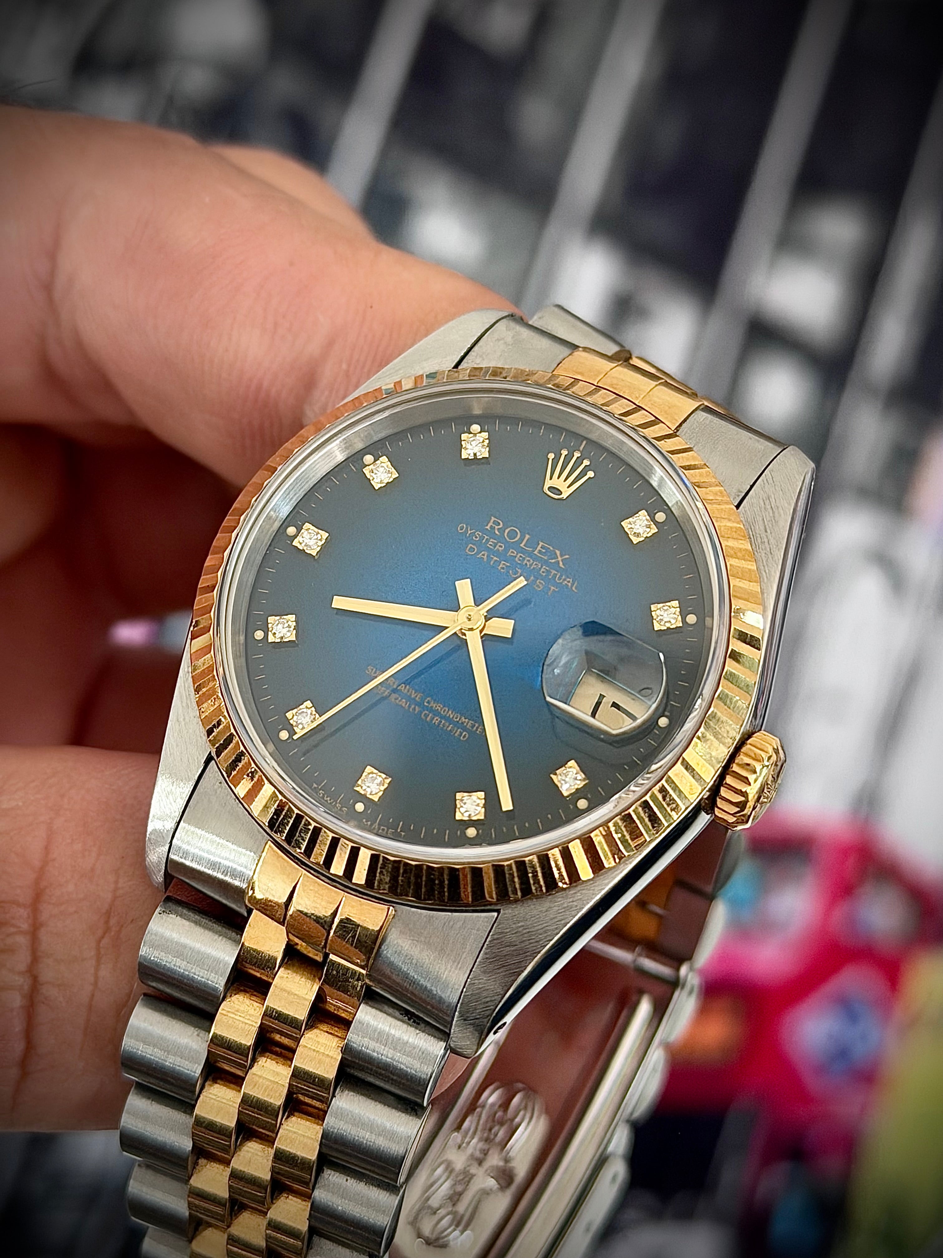 1991 ROLEX DATEJUST 36, TWO TONE, BLUE VIGNETTE DIAMOND DIAL, 16233, WATCH ONLY, INC GST