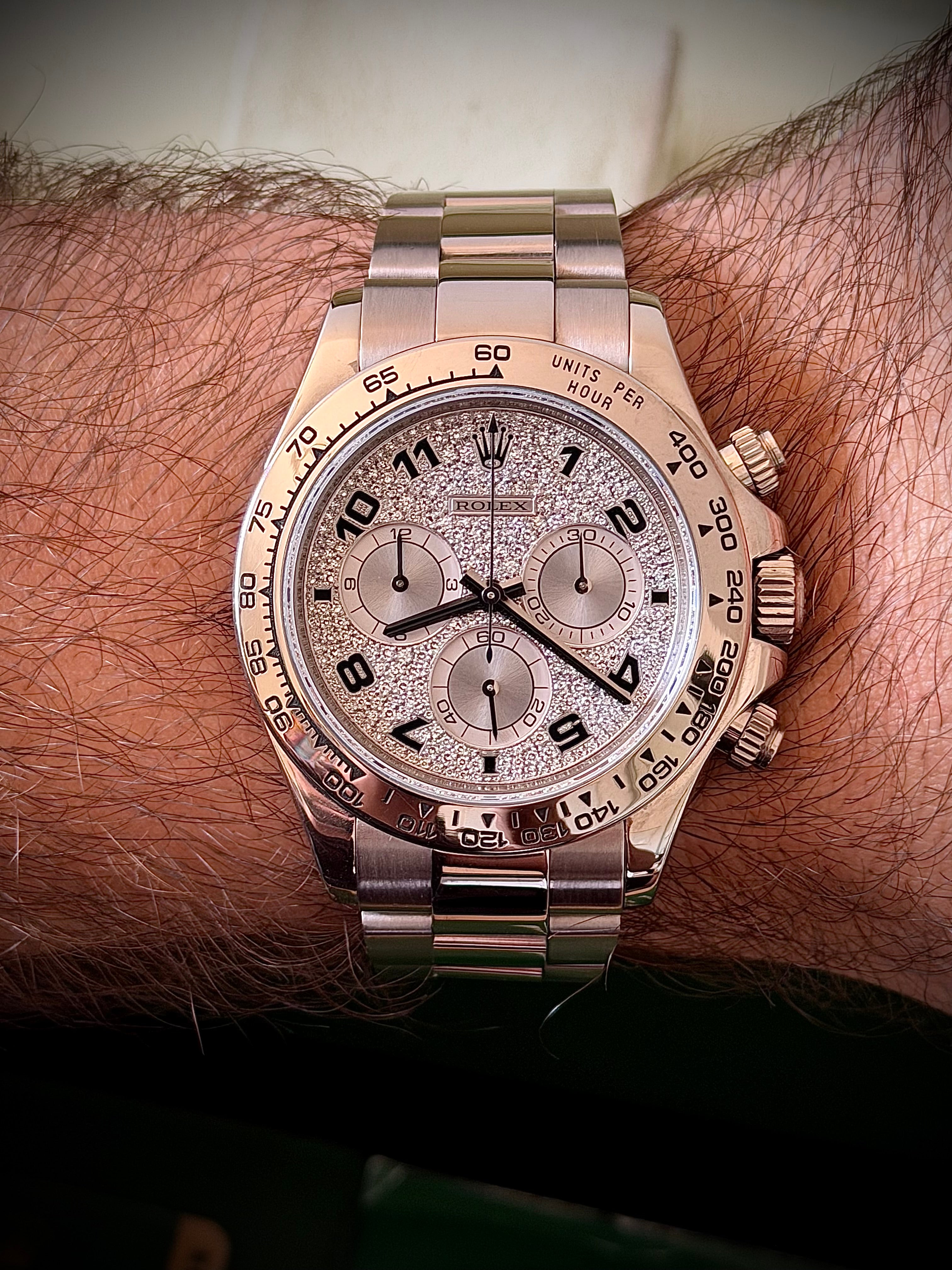 2008 ROLEX DAYTONA 18CT WHITE GOLD, 116509, FACTORY DIAMOND PAVÉ ARABIC DIAL, FULL SET, INC GST