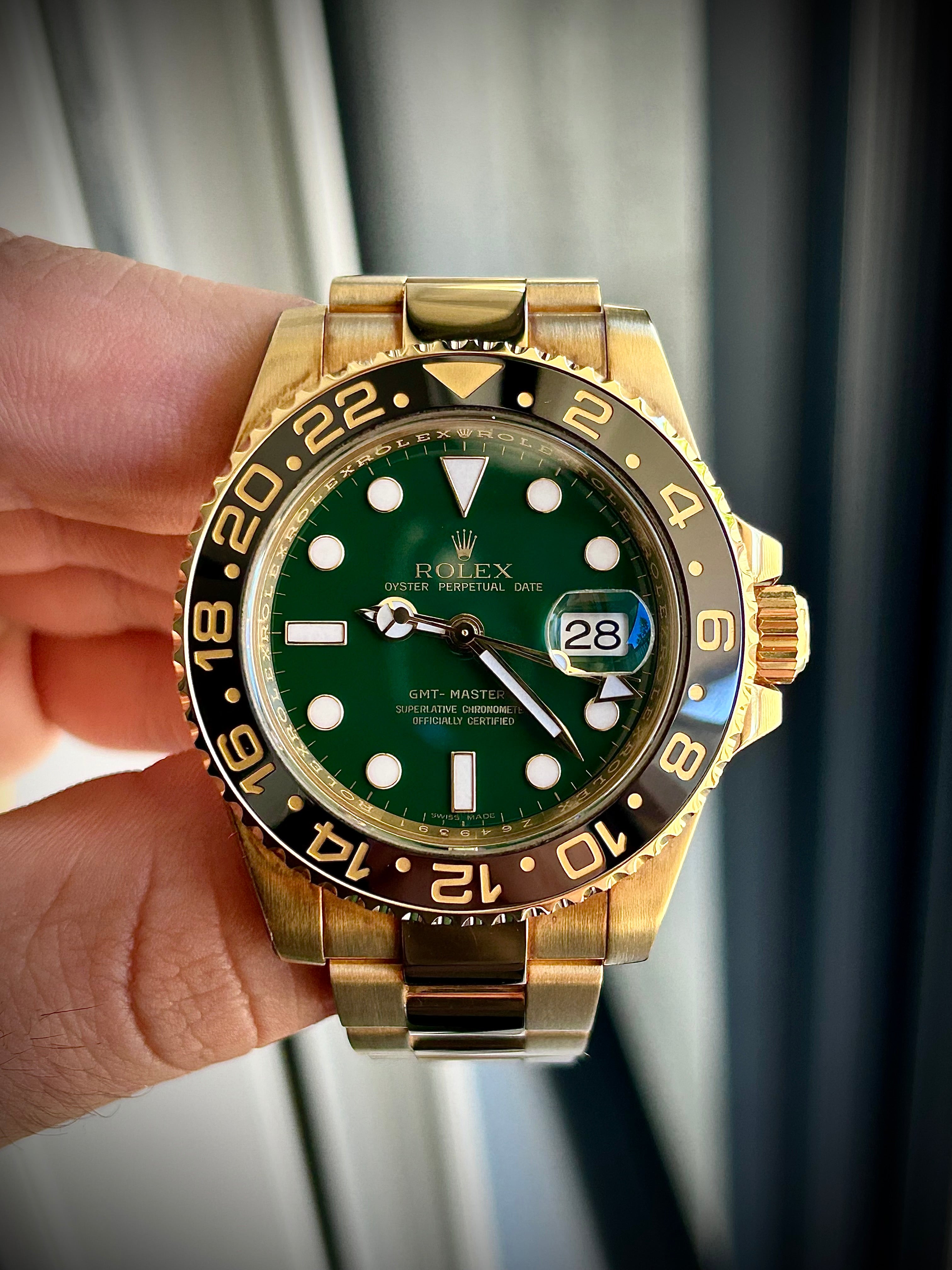 2007 ROLEX GMT MASTER II, GREEN MONEY DIAL RSC SERVICE, 116718LN , FULL COLLECTORS SET, INC GST