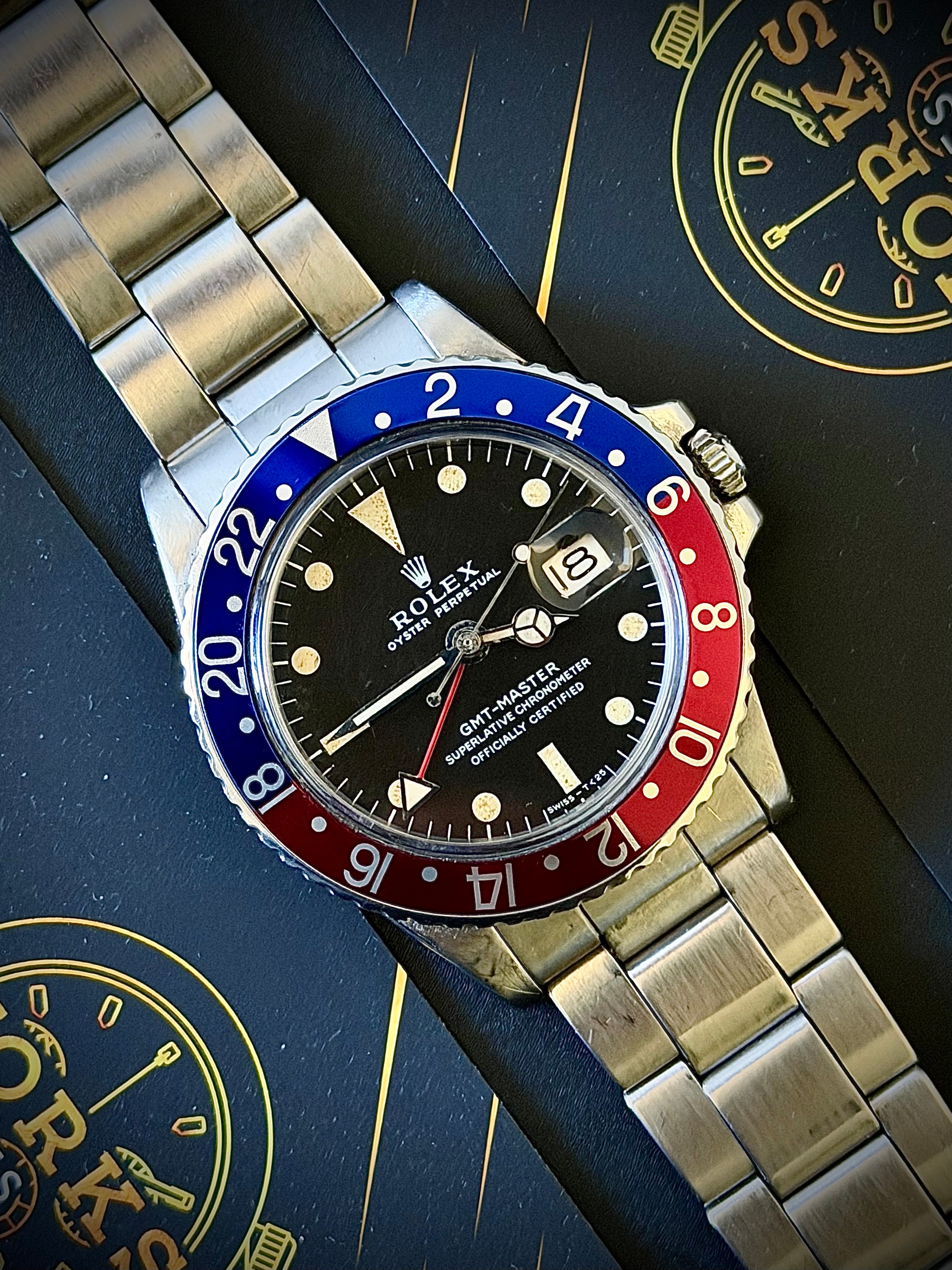 CIRCA 1972 ROLEX GMT-MASTER, 1675 PEPSI, LONG E DIAL, WATCH & BOX, FULLY SERVICED, INC GST