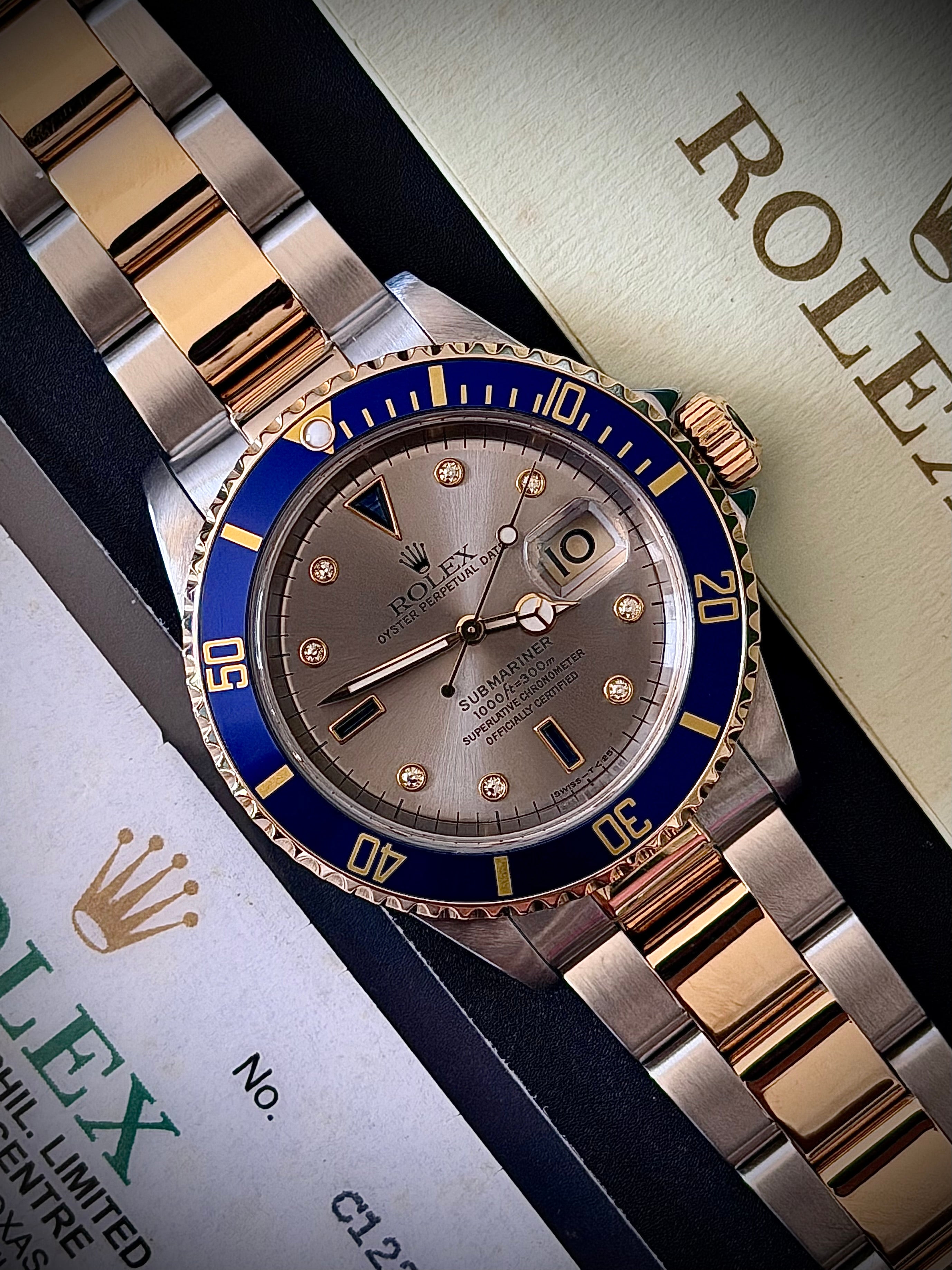 1996 ROLEX SUBMARINER, 16613, SERTI SILVER DIAMOND DIAL, BOX & 2020 RSC, INC GST