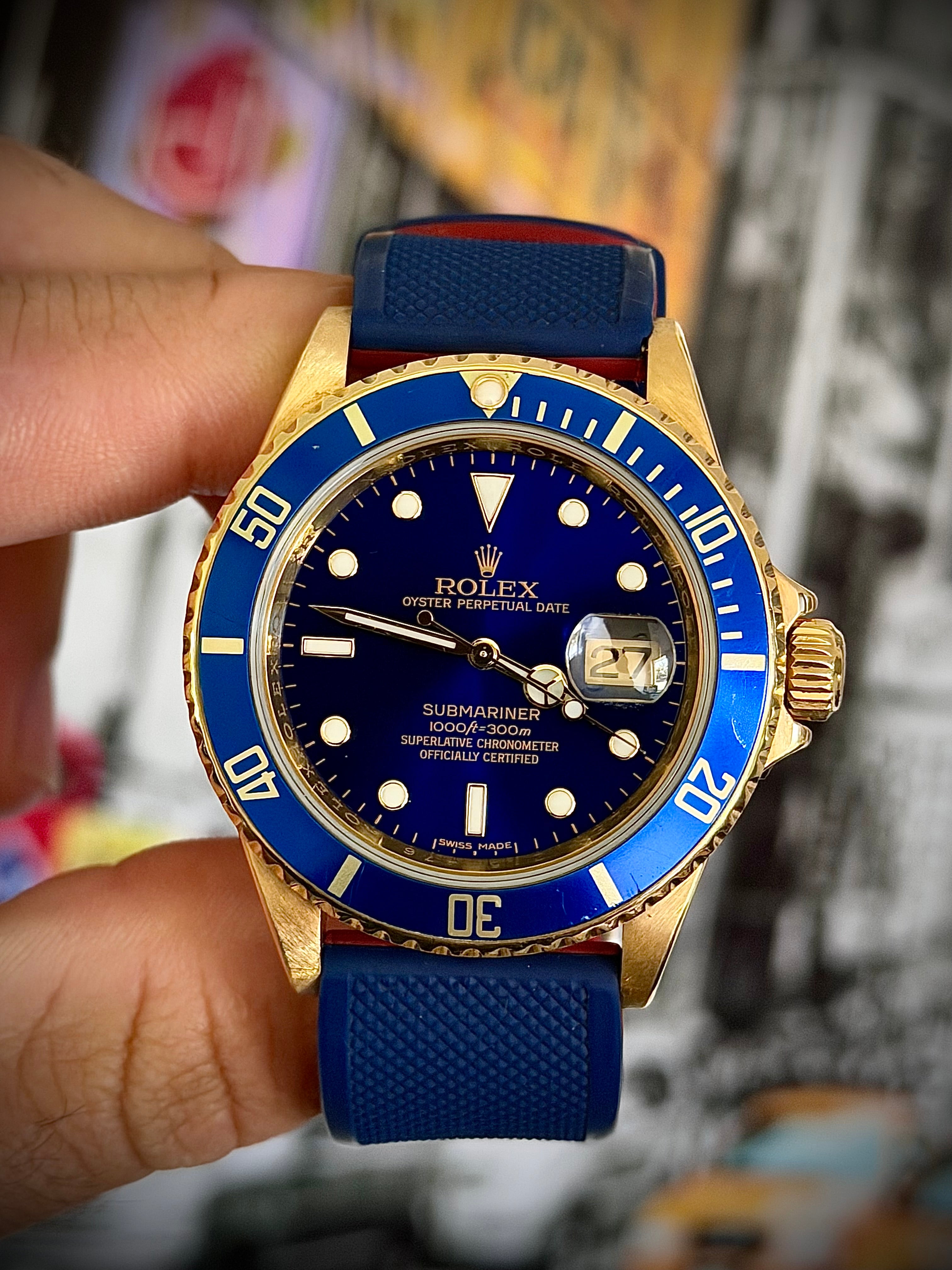 2007 ROLEX SUBMARINER DATE, 16618LB, ENGRAVED REHAUT, BOX AND PAPERS, INC GST