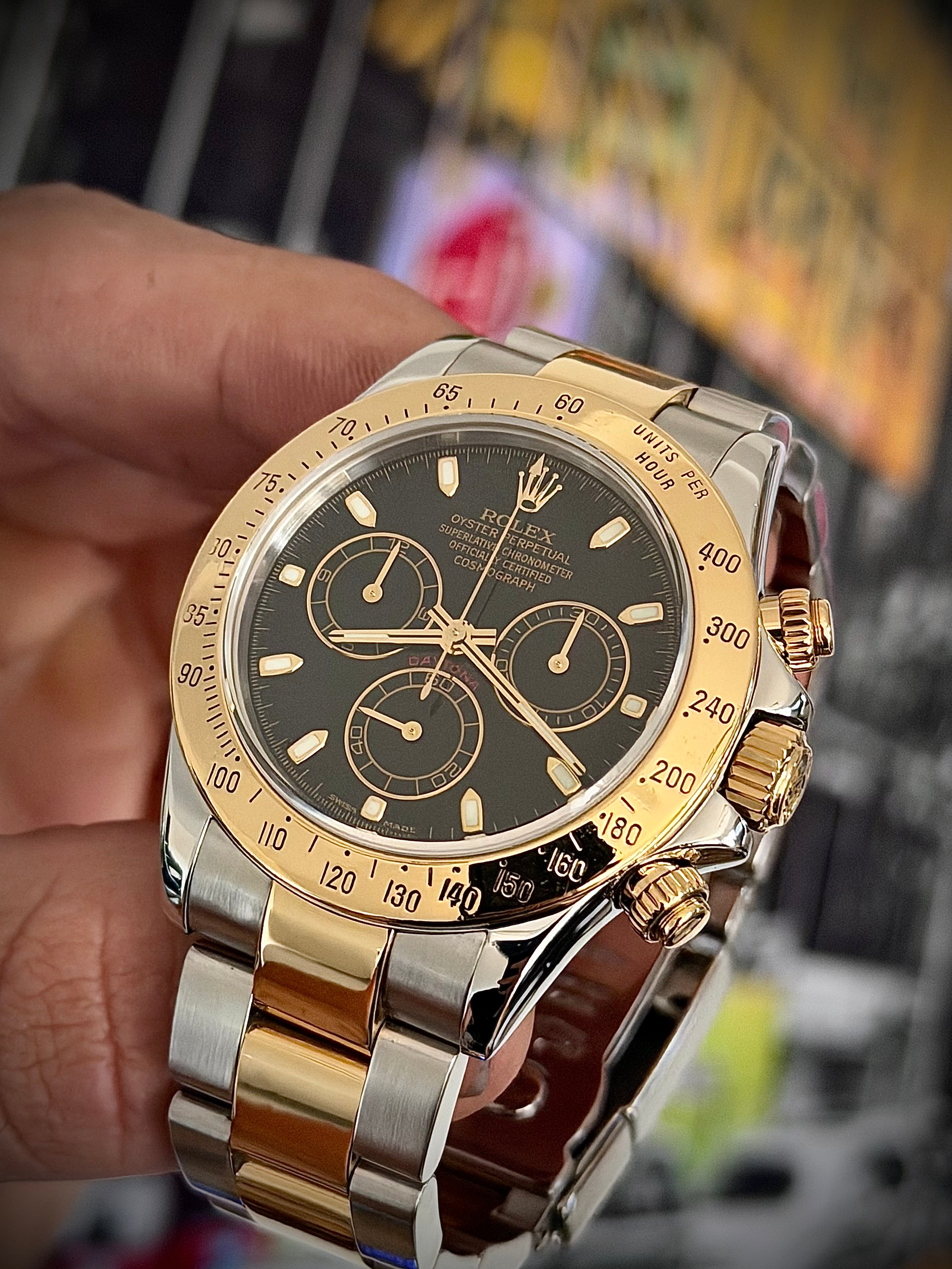 2002 ROLEX COSMOGRAPH DAYTONA, BLACK DIAL, TWO TONE, 116523, WATCH ONLY, INC GST
