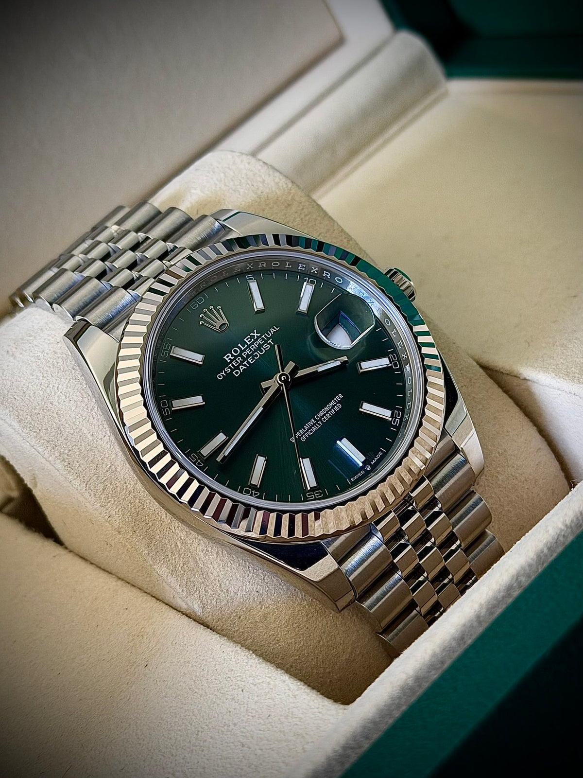 2026 ROLEX DATEJUST 41, 126334, MINT GREEN DIAL, FLUTED BEZEL, JUBILEE BRACELET, FULL SET, INC GST