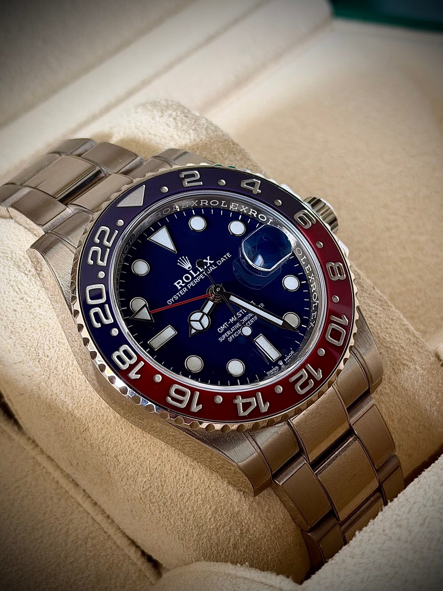 2020 ROLEX GMT MASTER II, PEPSI, WHITE GOLD, BLUE DIAL, 126719BLRO, FULL SET, INC GST