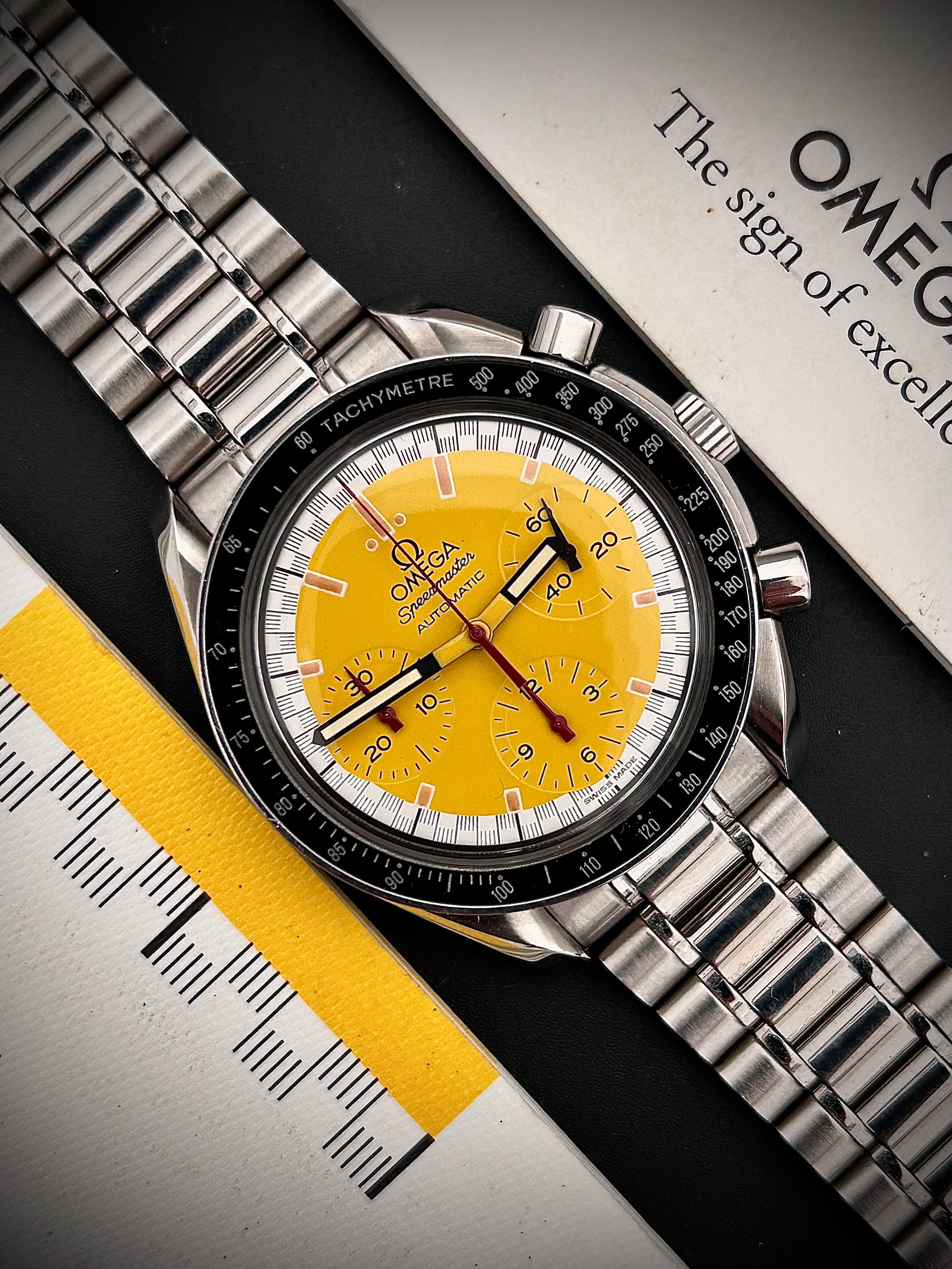 1998 OMEGA SPEEDMASTER REDUCED YELLOW SCHUMACHER, FULL SET, INC GST