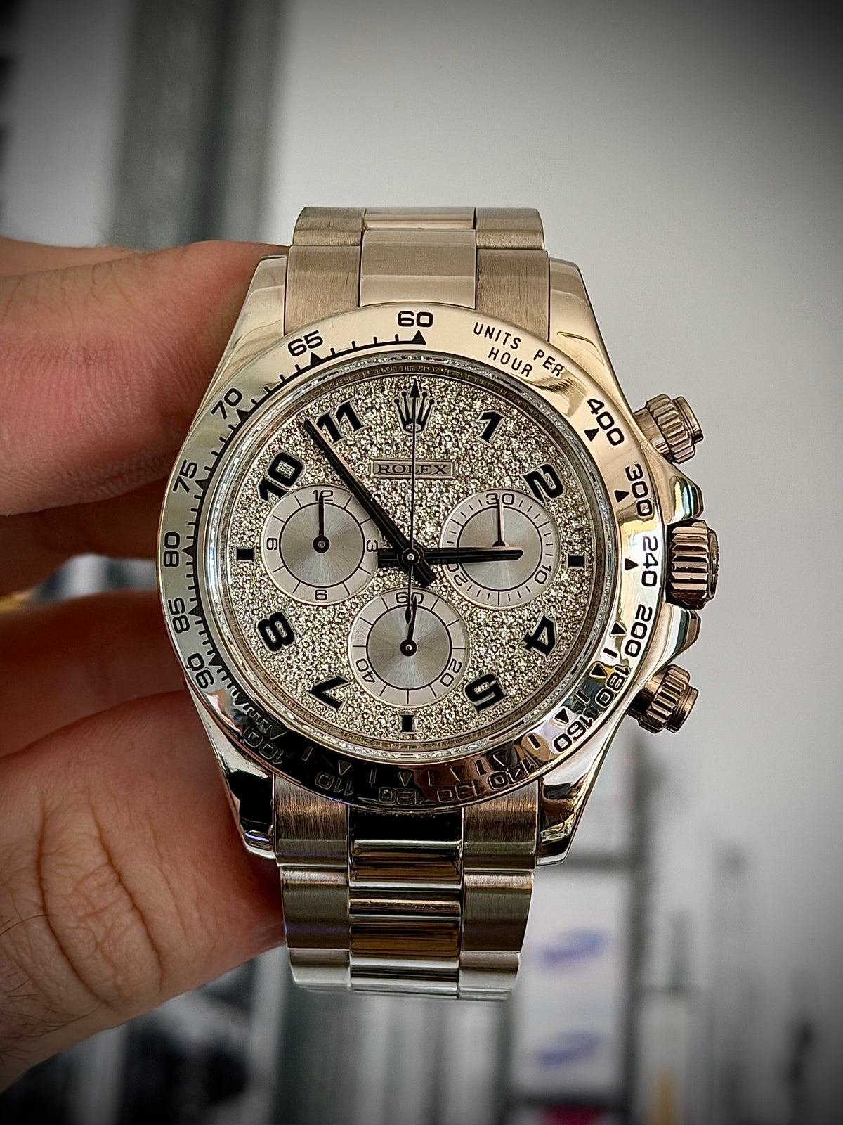 2008 ROLEX COSMOGRAPH DAYTONA, 116509, 18CT WHITE GOLD, FACTORY DIAMOND PAVÉ DIAL, BOX AND PAPERS, EXCELLENT CONDITION, INC GST