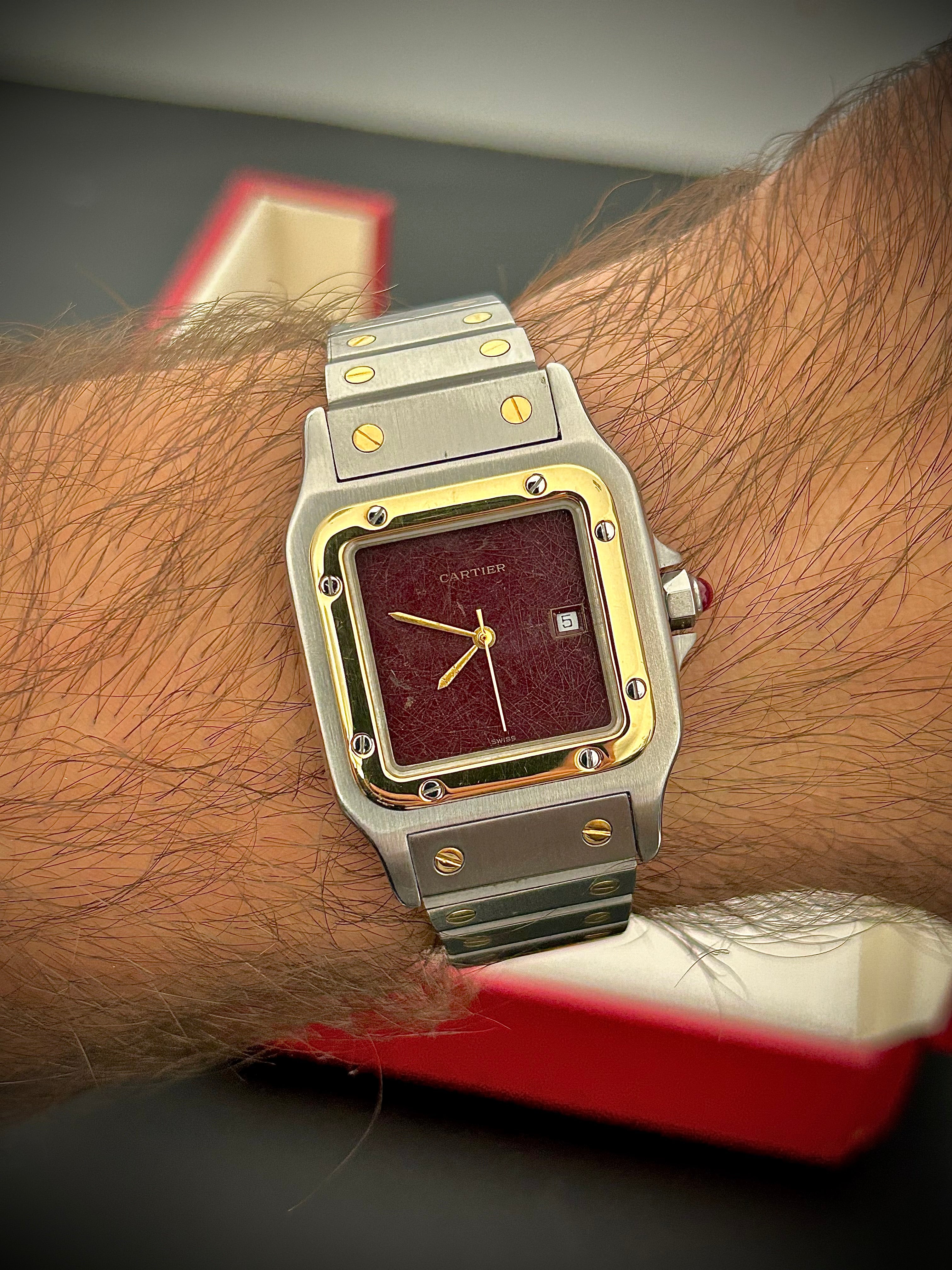 1982 CARTIER SANTOS CAREÉ, 2961, BURGUNDY SPIDER DIAL, WATCH AND BOX,  INC GST