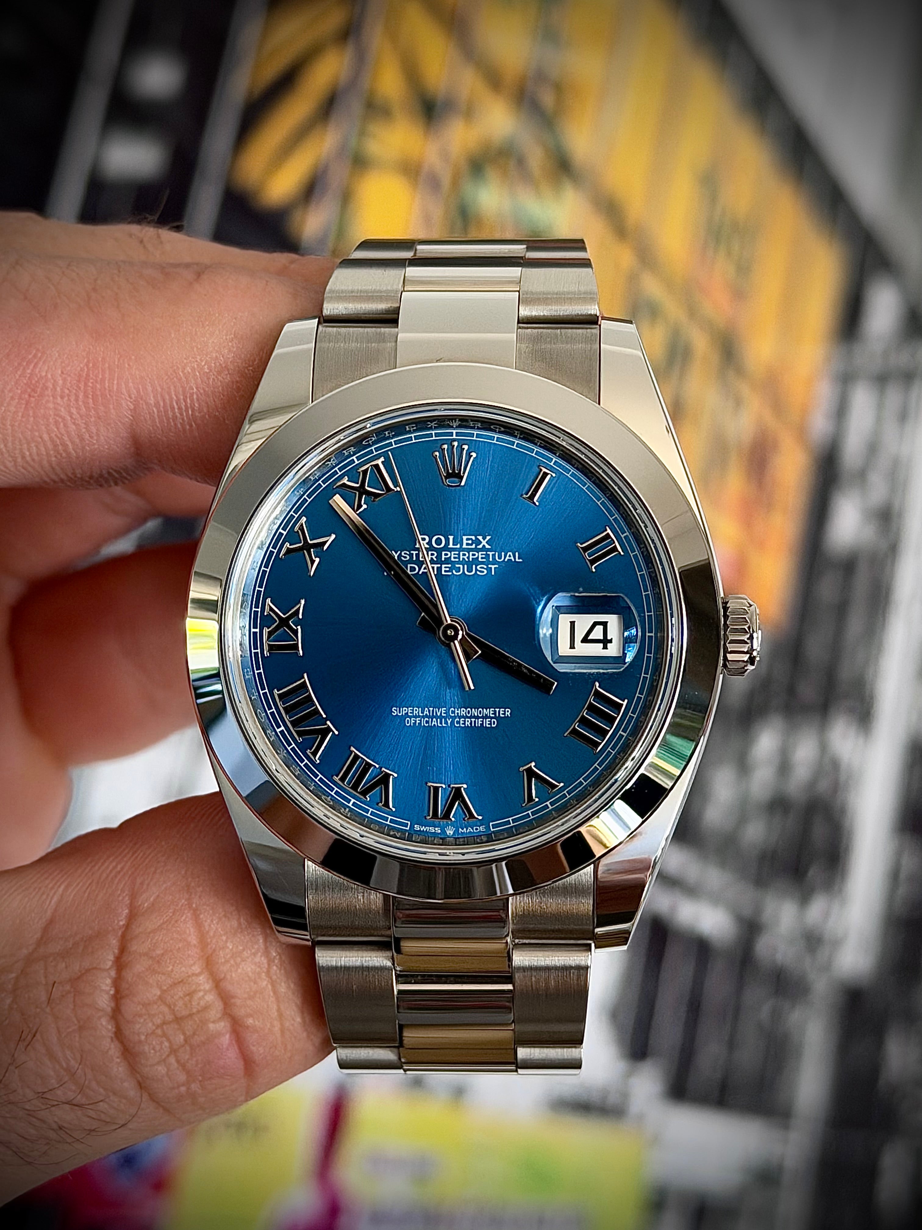 2025 ROLEX DATEJUST 41, AZZURO BLUE, 126300, MINT, FULL SET, INC GST