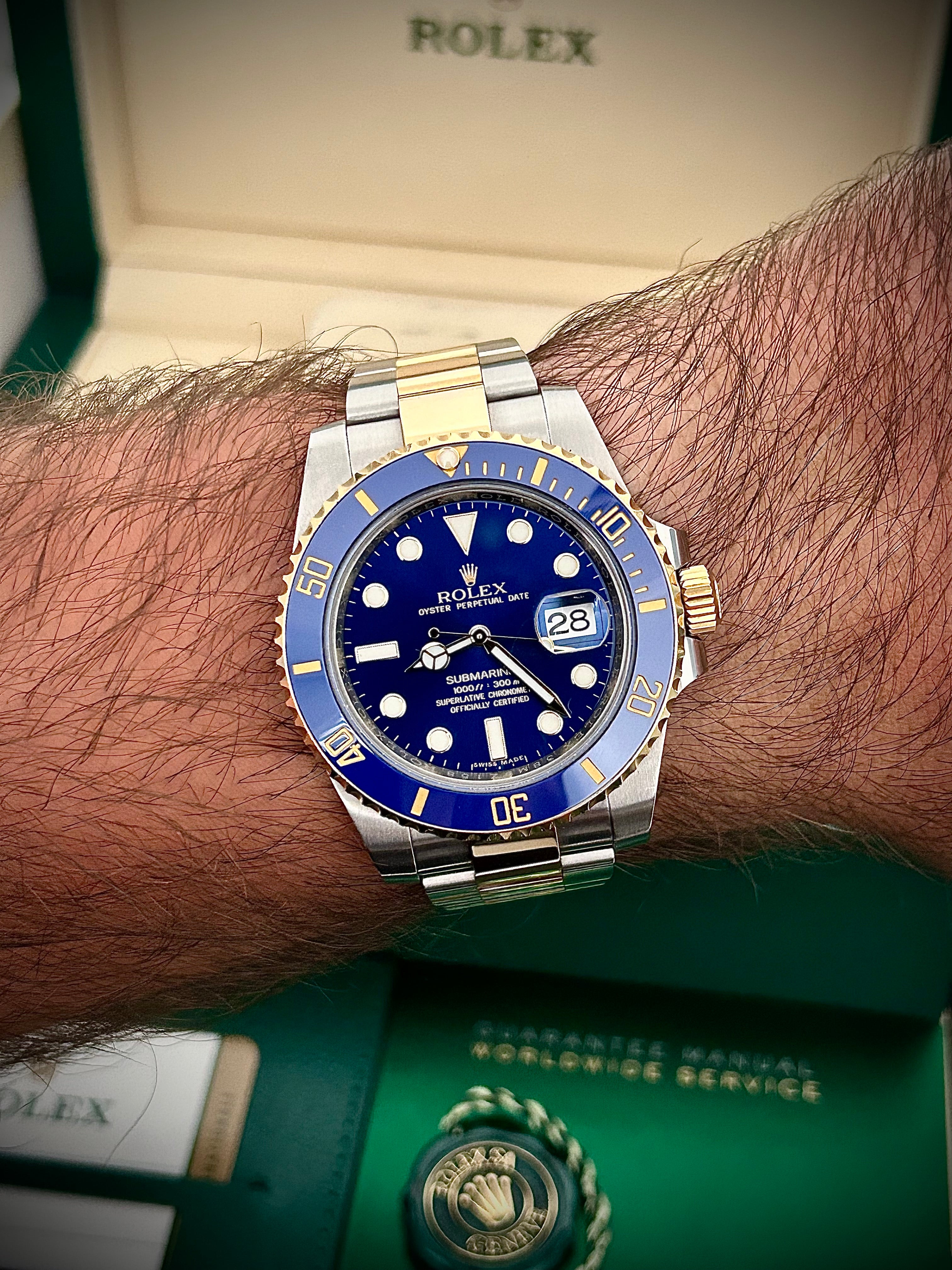 2016 ROLEX SUBMARINER BLUESY 116613LB, BOX AND PAPERS, INC GST