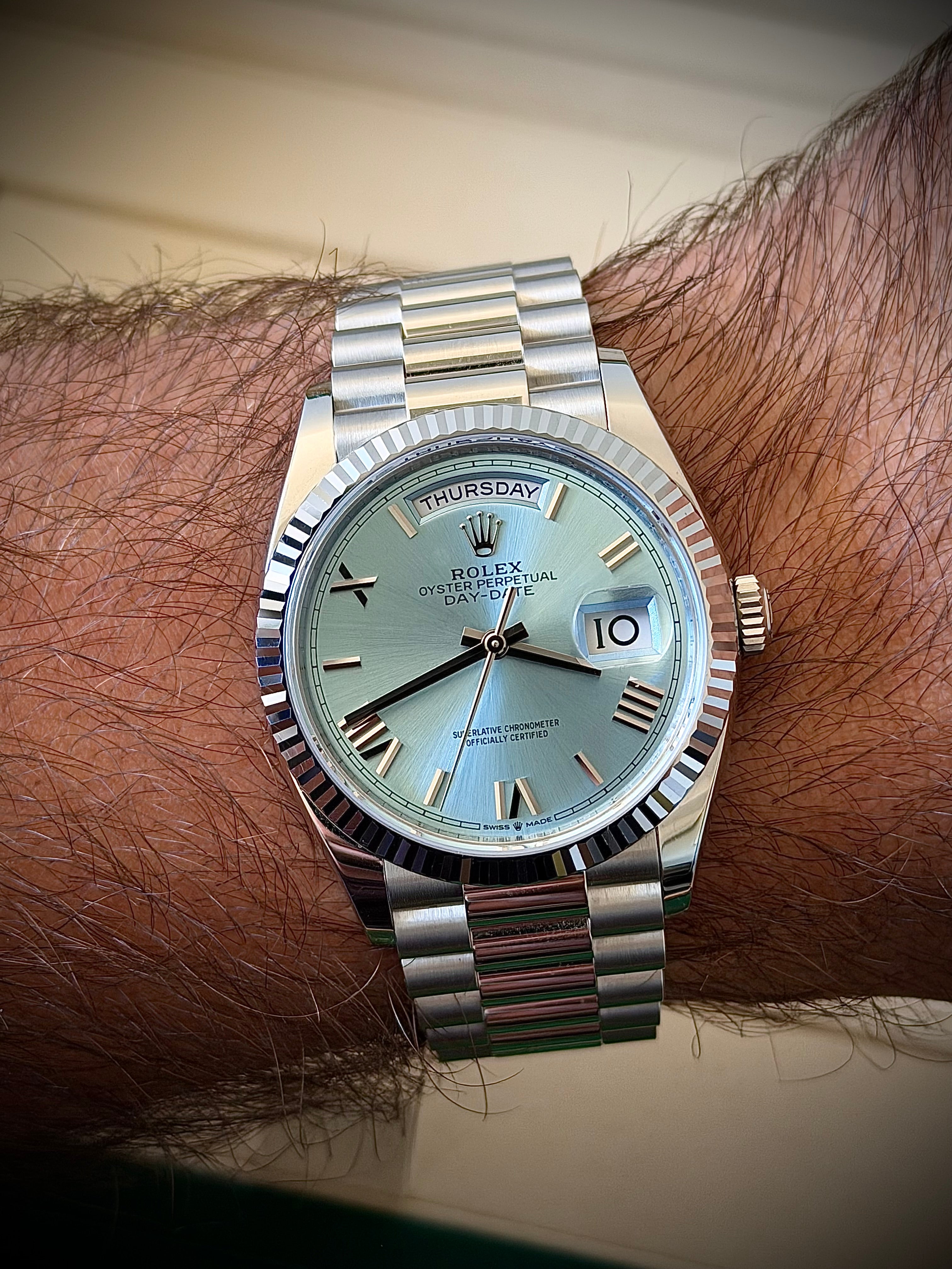 2025 ROLEX DAY-DATE 36 PLATINUM, ICE BLUE ROMAN DIAL, 128236, FULL SET, INC GST