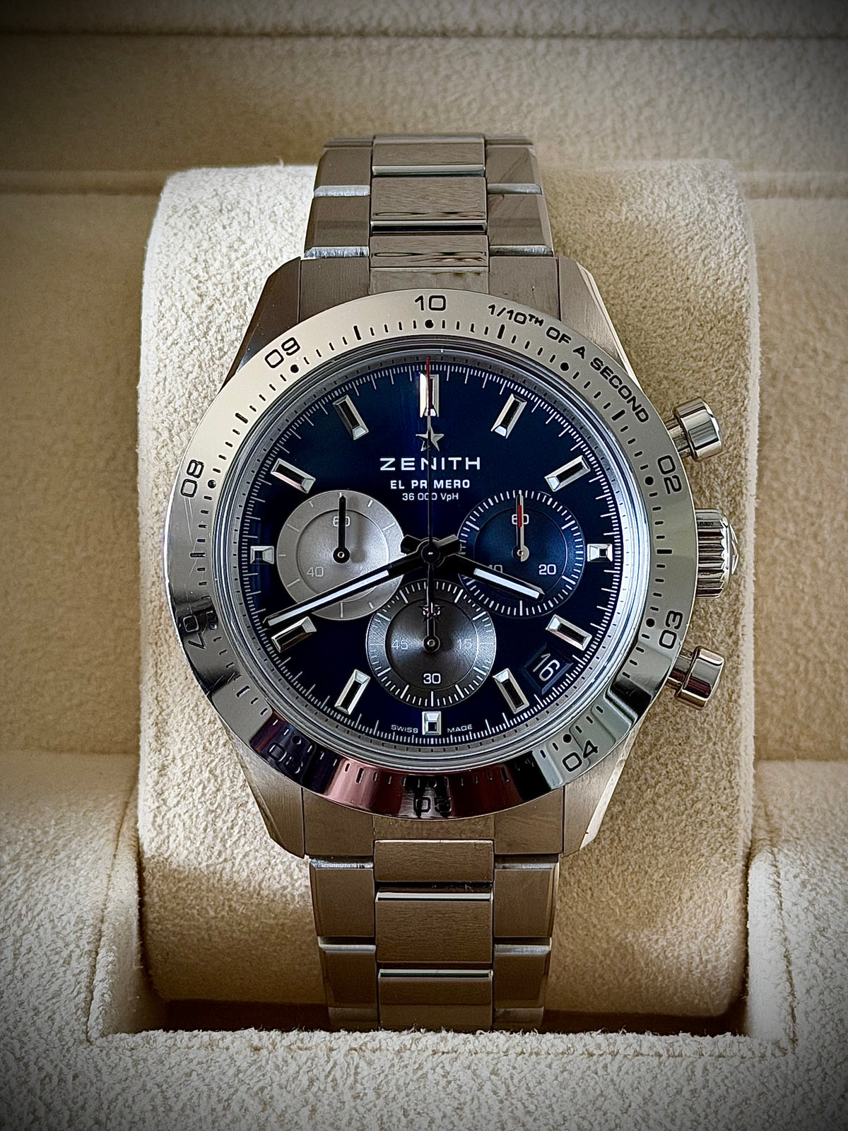 CIRCA 2023 ZENITH CHRONOMASTER SPORT, 03.3114.3600 (tel:03.3114.3600)/51.M3100, BLUE DIAL, STEEL BRACELET + GENUINE ZENITH RUBBER STRAP, INC GST