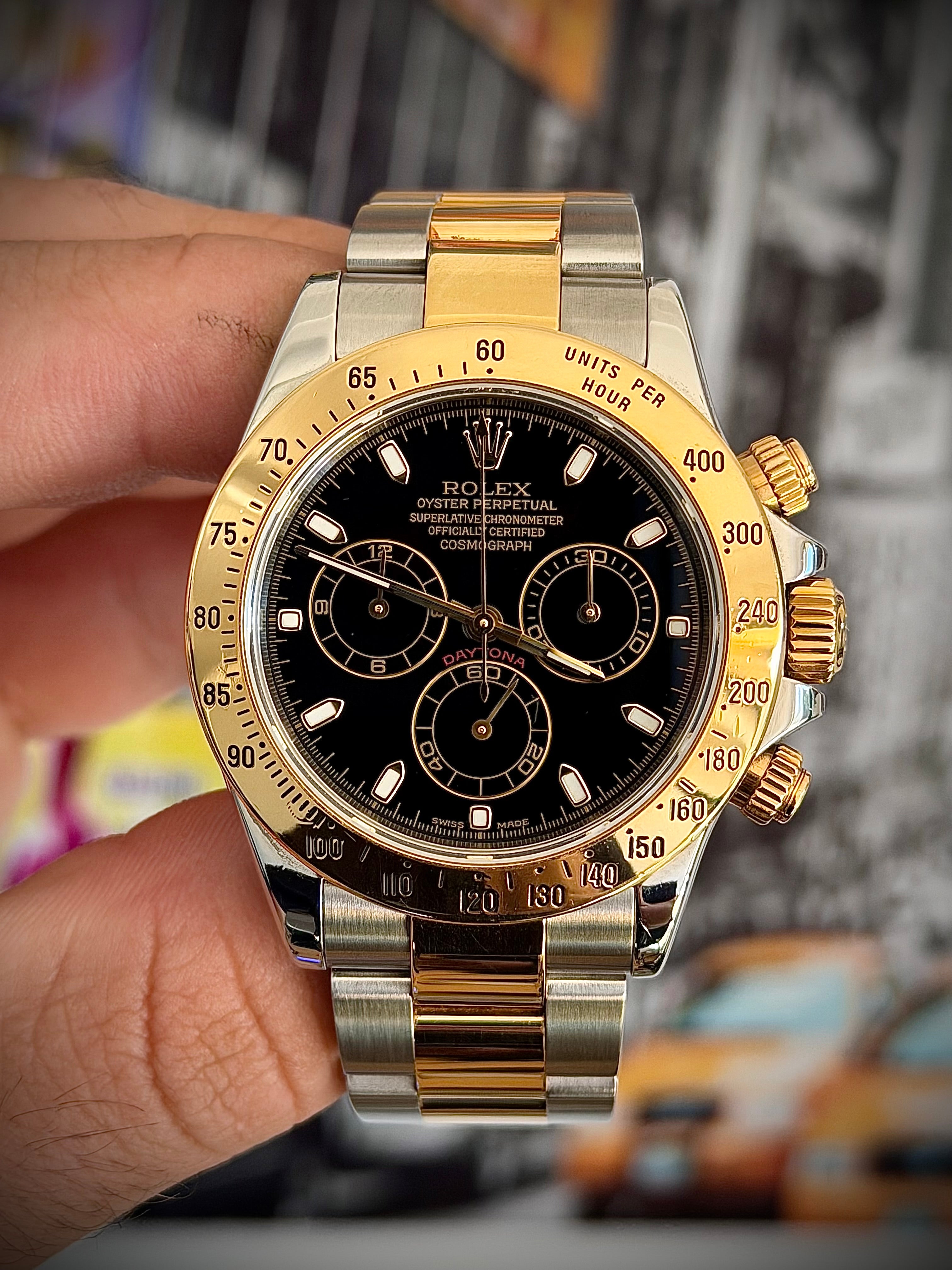 2003 ROLEX COSMOGRAPH DAYTONA, BLACK DIAL, TWO TONE, 116523, WATCH AND BOX, INC GST
