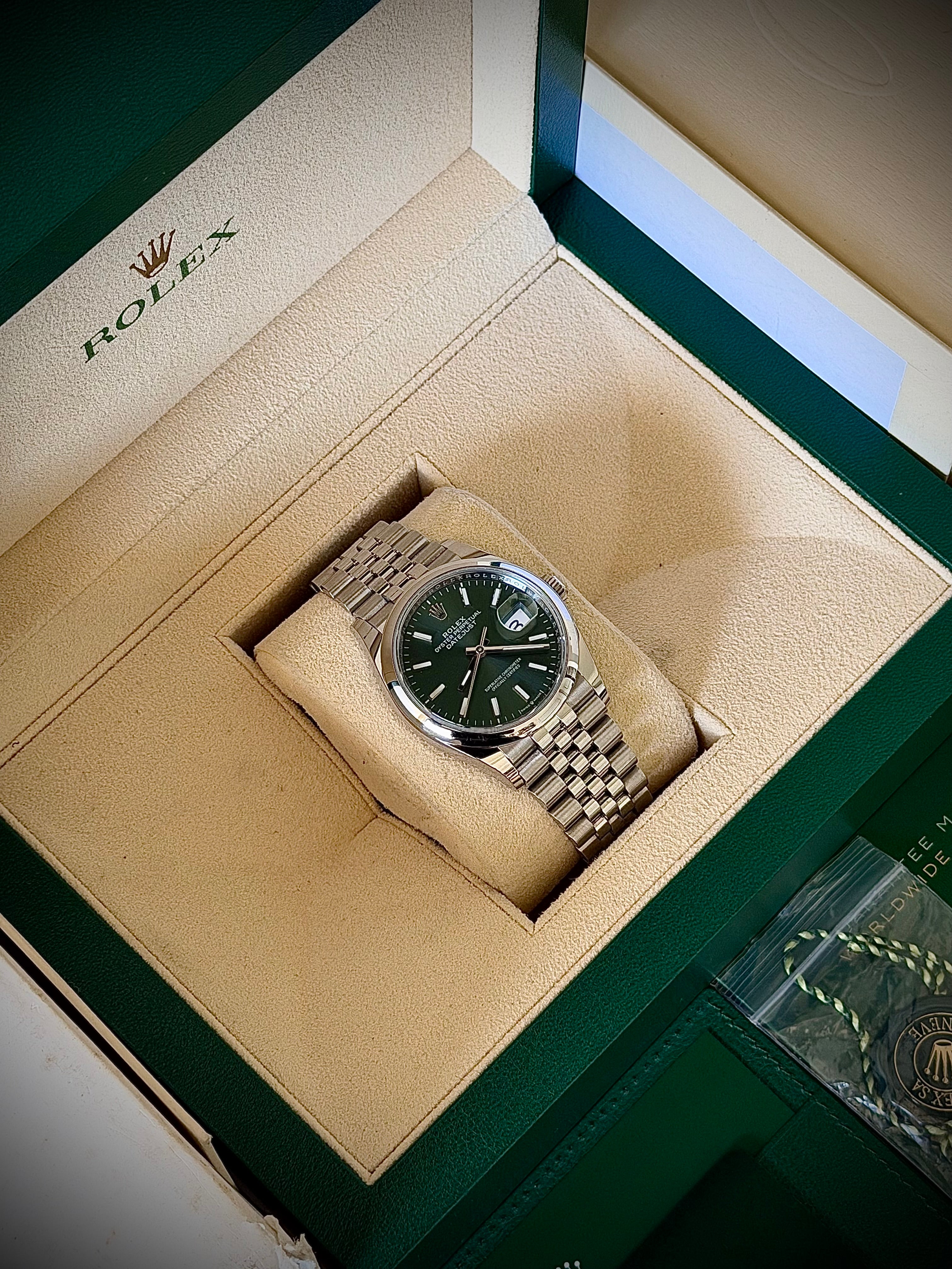 2023 ROLEX DATEJUST 36 MINT GREEN DIAL, 126200, FULL SET, INC GST