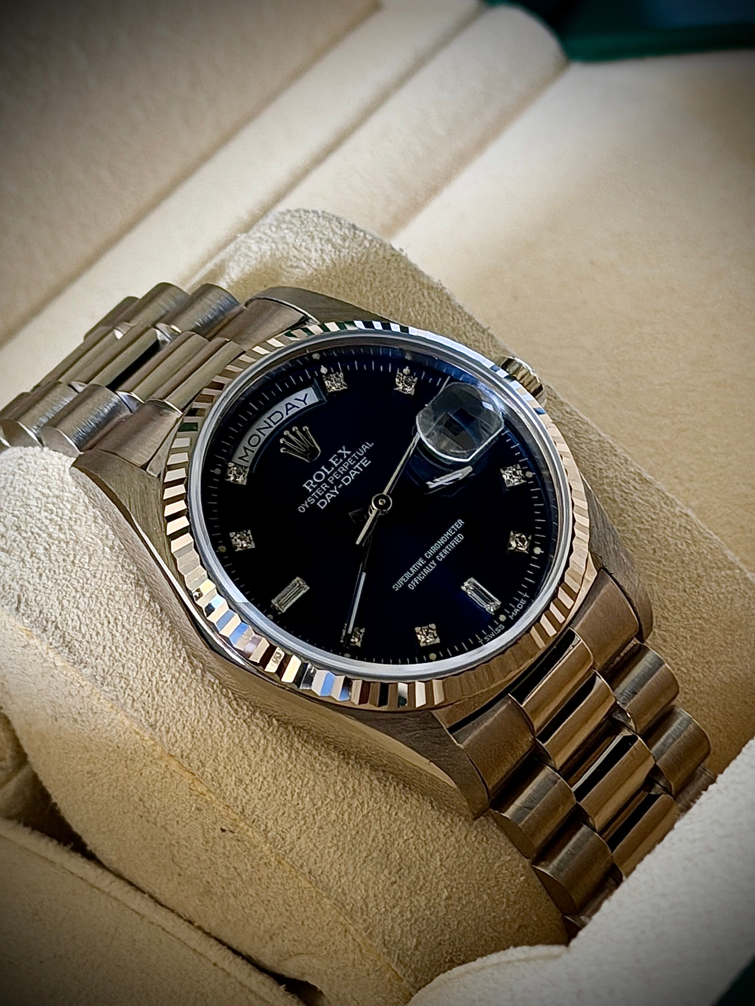 1989 ROLEX DAY-DATE 36, 18239, BLUE DIAMOND DIAL, BOX & BOOKLETS, INC GST