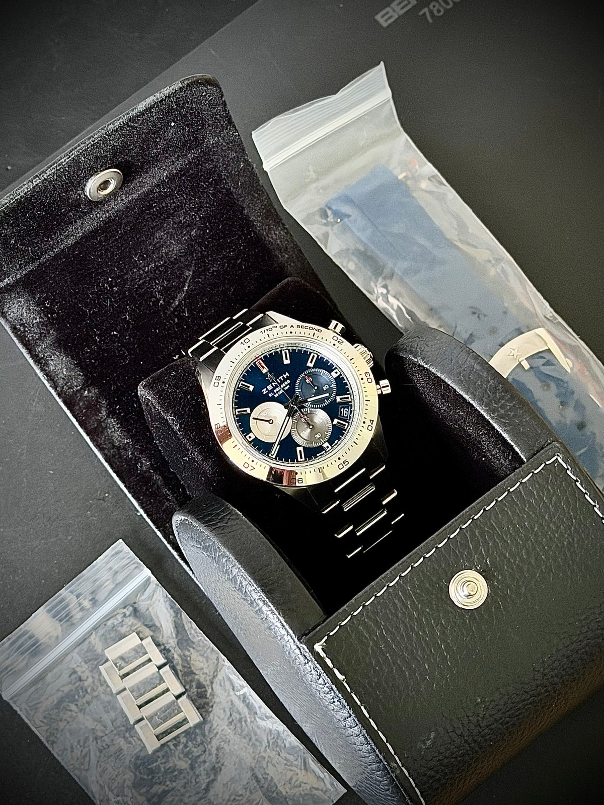 CIRCA 2023 ZENITH CHRONOMASTER SPORT, 03.3114.3600 (tel:03.3114.3600)/51.M3100, BLUE DIAL, STEEL BRACELET + GENUINE ZENITH RUBBER STRAP, INC GST