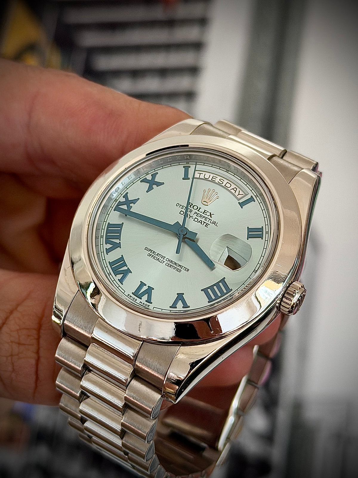 2014 ROLEX DAY-DATE II, 218206, PLATINUM, BLUE ROMAN DIAL, BOX & PAPERS, EXCELLENT CONDITION, INC GST