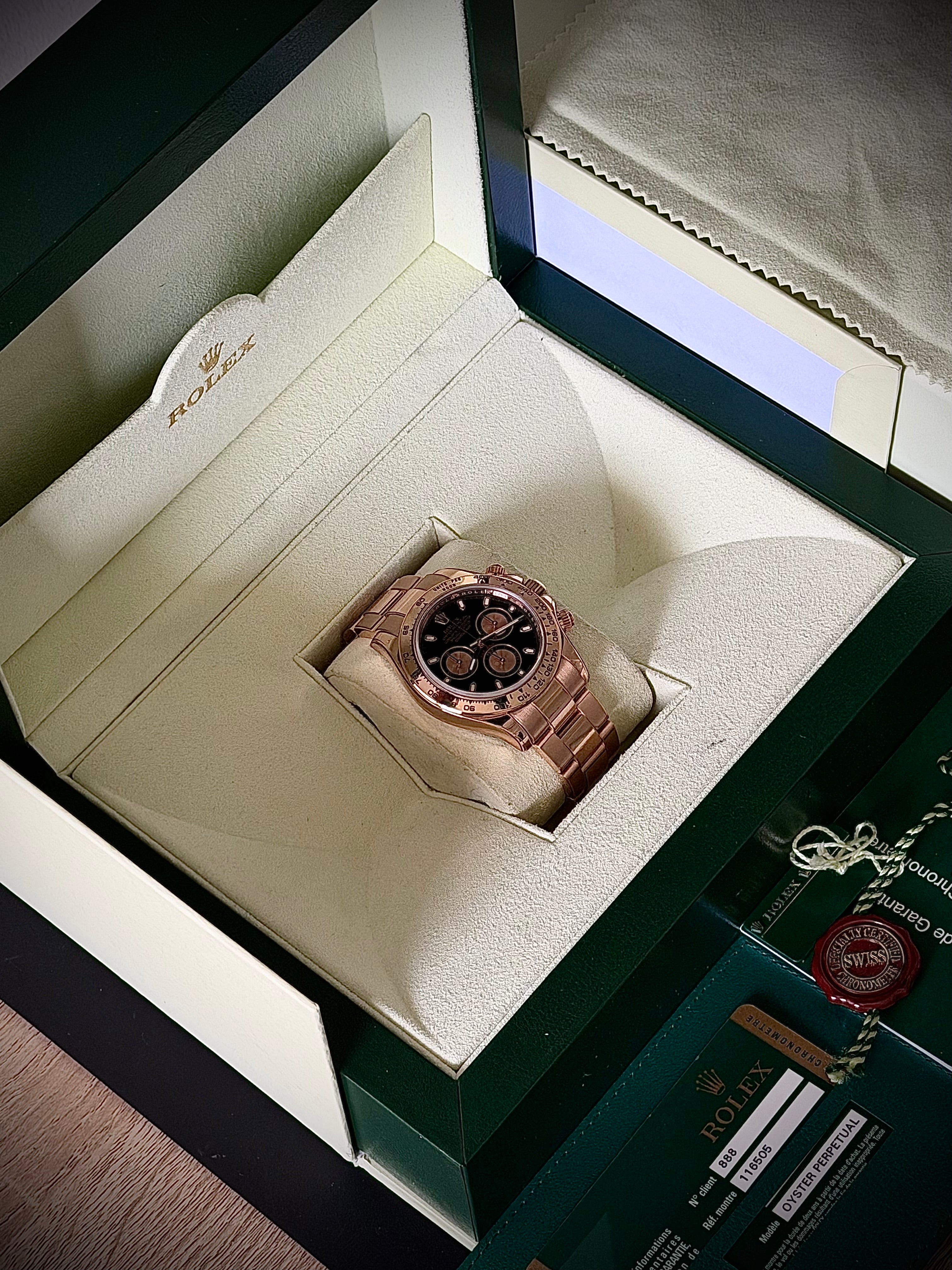 2011 ROLEX DAYTONA, FULL ROSE GOLD, 116505, FULL SET, INC GST