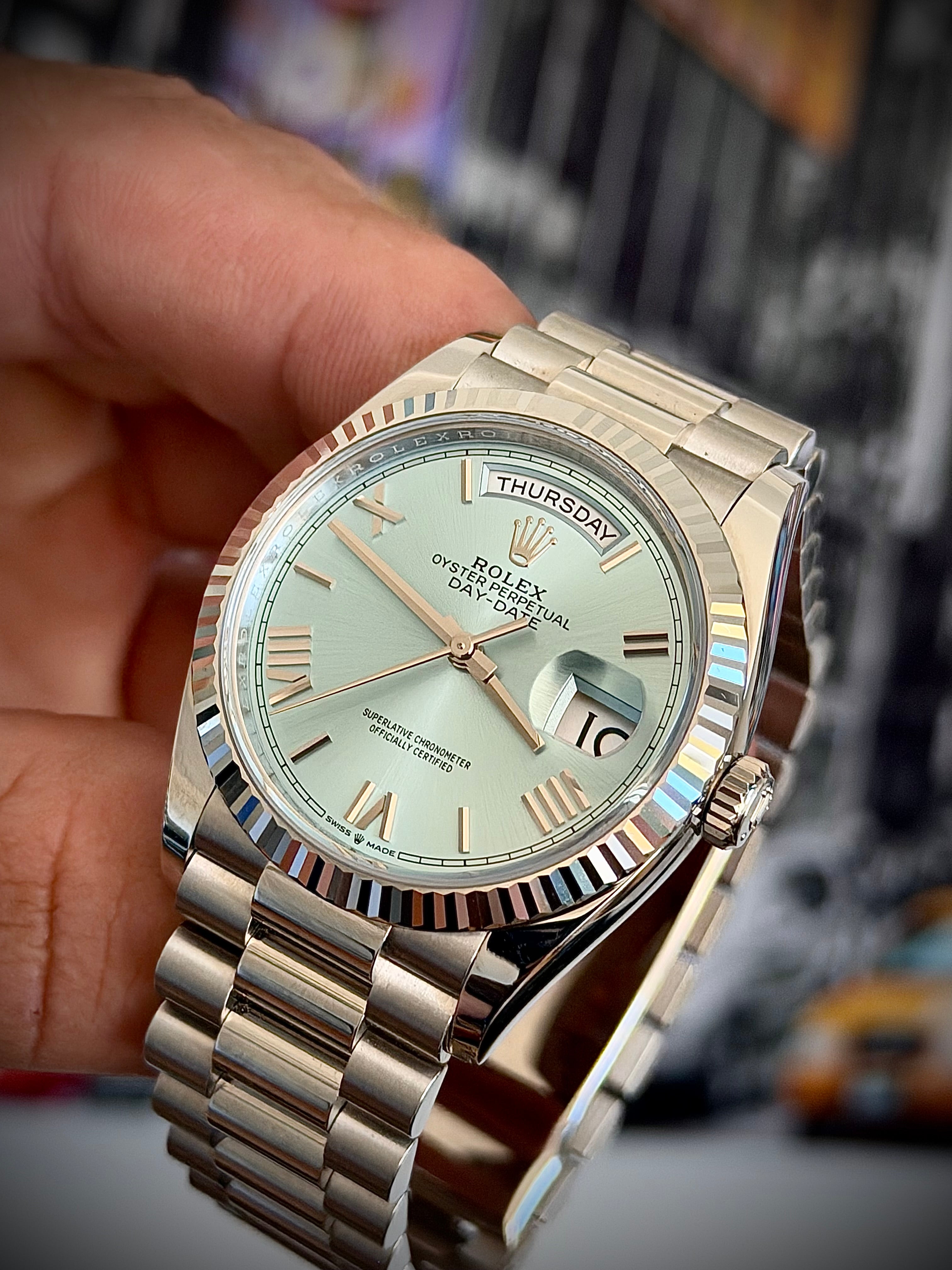 2025 ROLEX DAY-DATE 36 PLATINUM, ICE BLUE ROMAN DIAL, 128236, FULL SET, INC GST