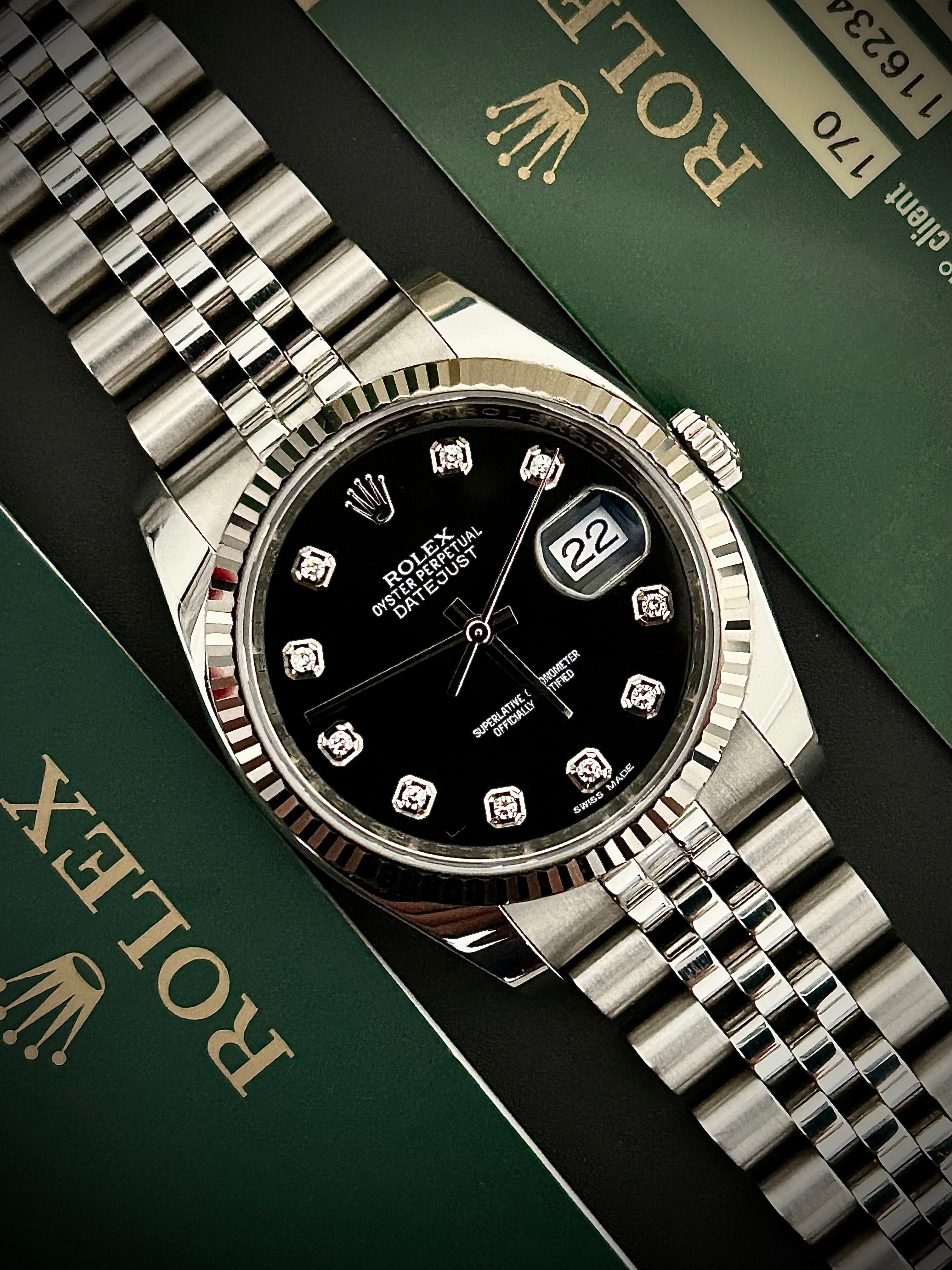 2013 ROLEX DATEJUST 36, 116234G, BLACK DIAMOND DIAL, FULL SET, INC GST