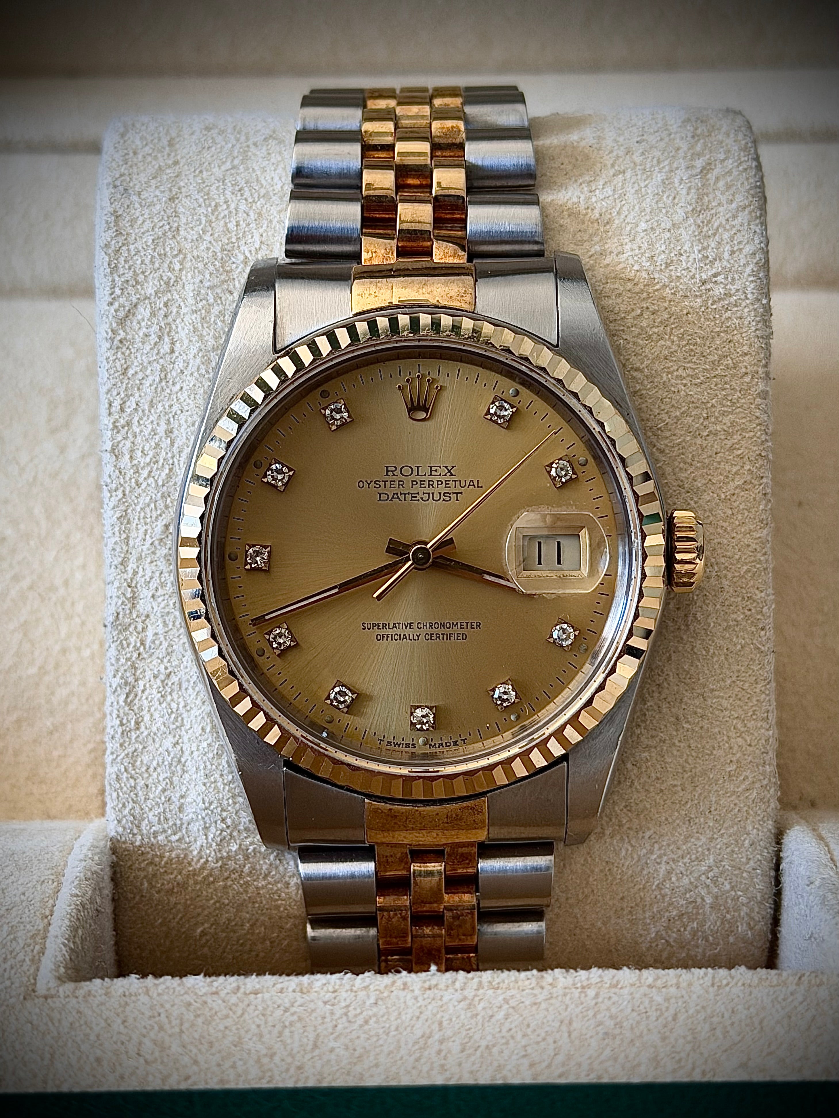 1991 ROLEX DATEJUST 36, TWO TONE, DIAMOND DIAL, 16233, WATCH ONLY, INC GST